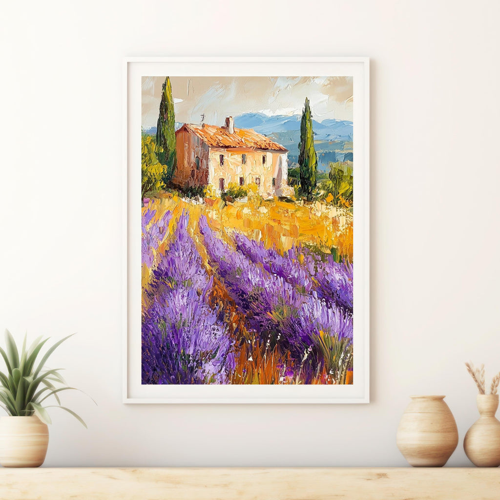 Lavender Fields of Provence – Textured Beige Oil Painting Inspired by the French Countryside – Neutral Rustic Floral Wall Art