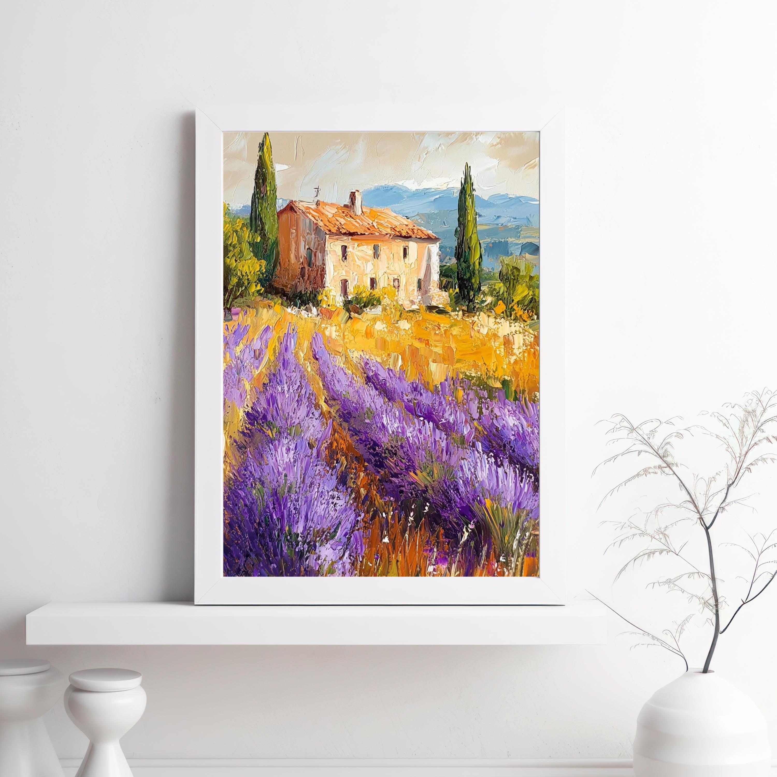 Lavender Fields of Provence – Textured Beige Oil Painting Inspired by the French Countryside – Neutral Rustic Floral Wall Art