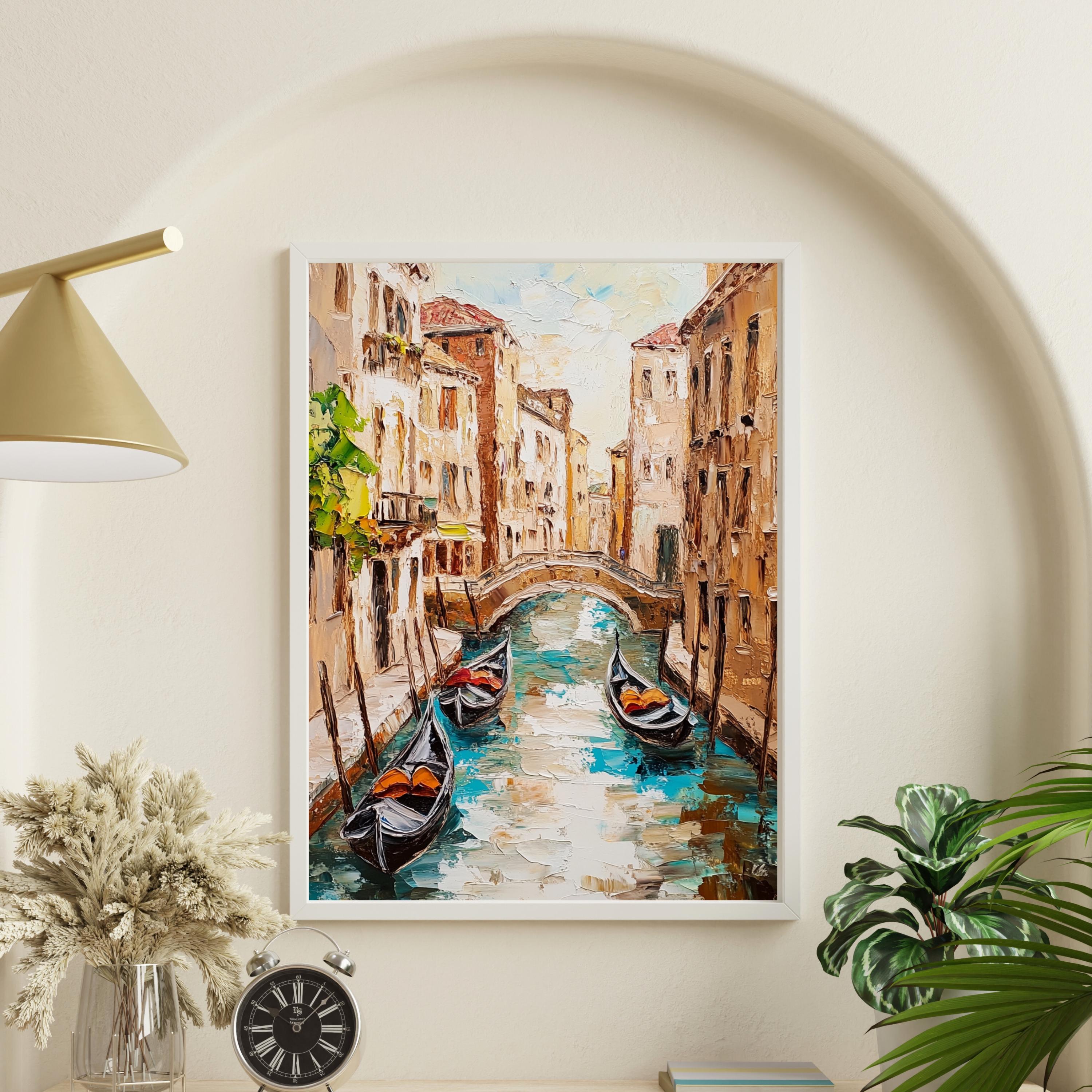 Venice Canal Reflections – Textured Beige Palette Knife Oil Painting – Italian Waterway Wall Art with Rustic Romance