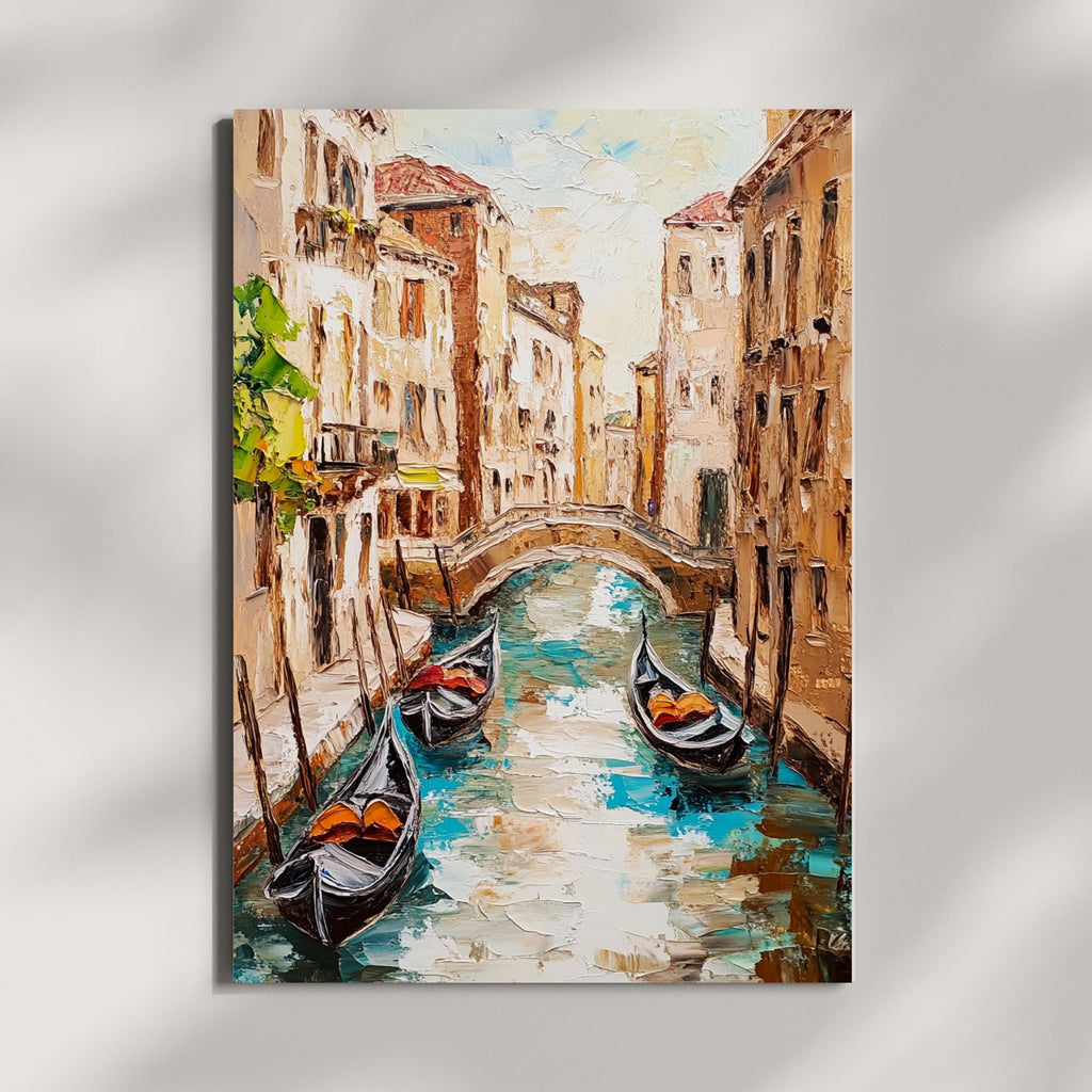 Venice Canal Reflections – Textured Beige Palette Knife Oil Painting – Italian Waterway Wall Art with Rustic Romance