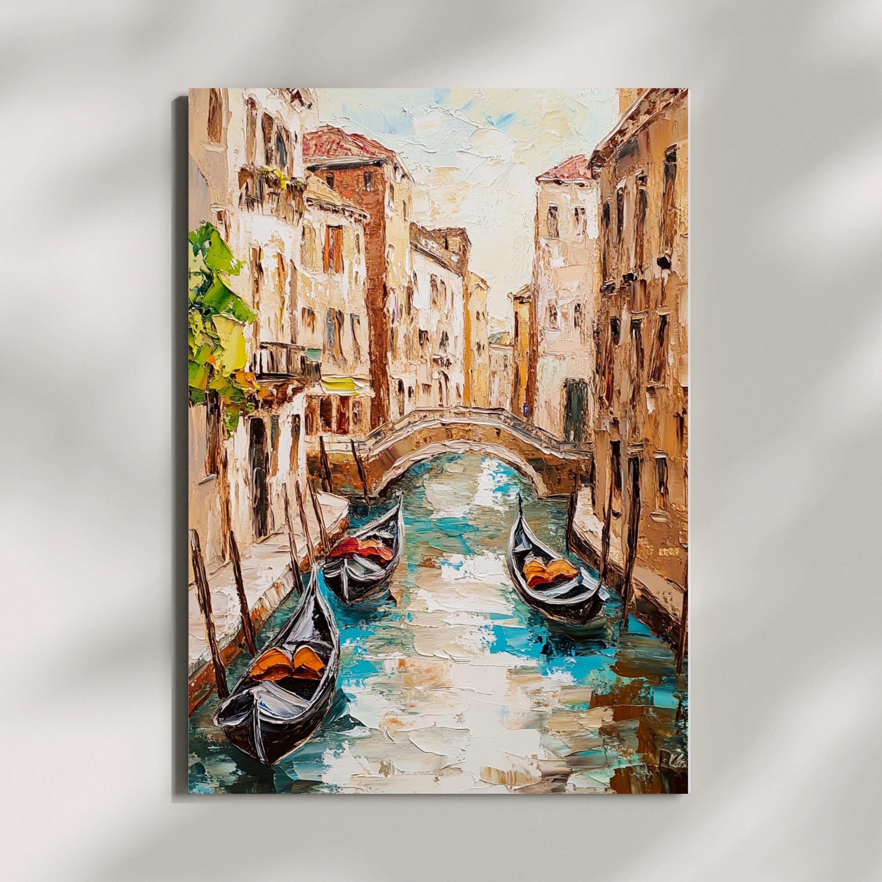 Venice Canal Reflections – Textured Beige Palette Knife Oil Painting – Italian Waterway Wall Art with Rustic Romance