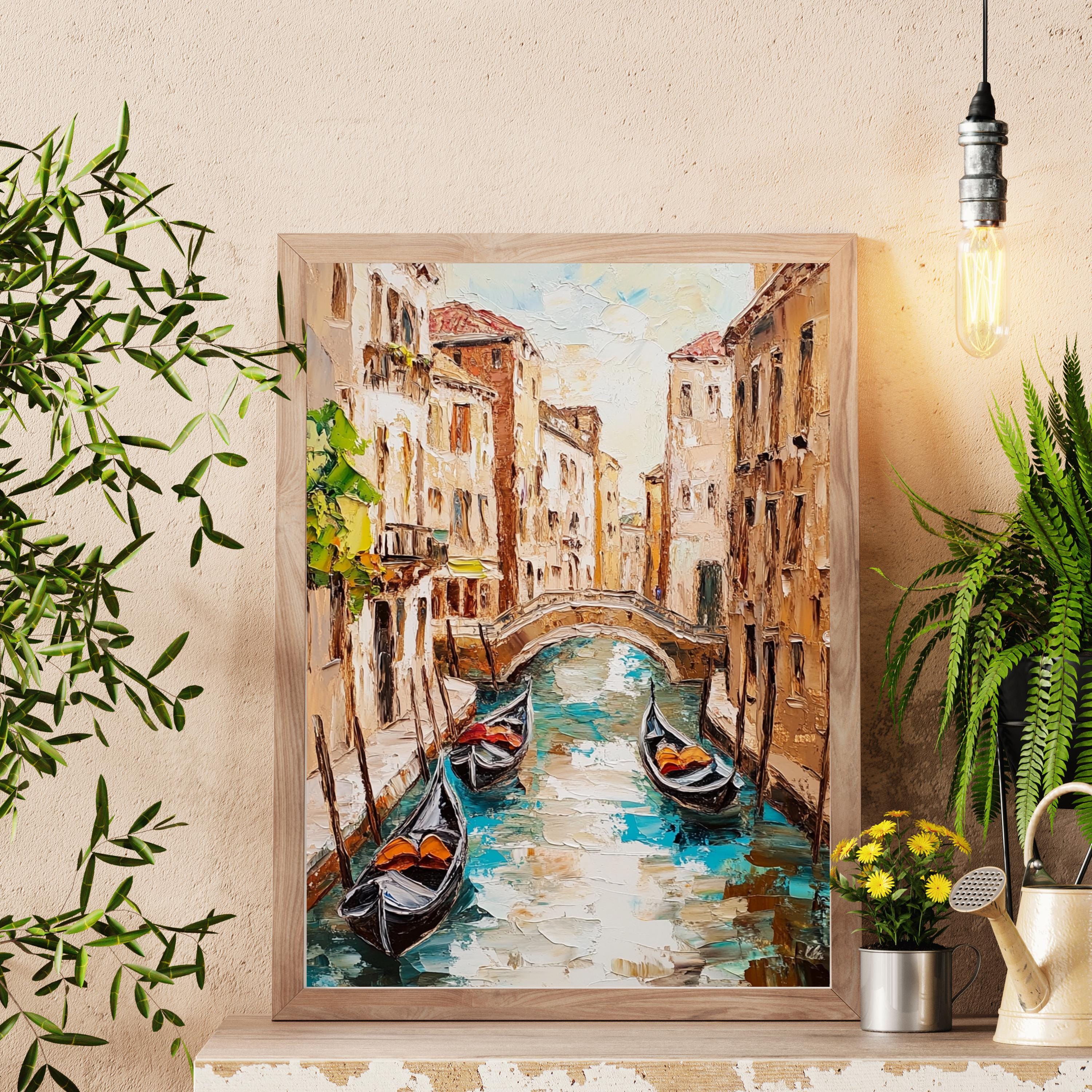 Venice Canal Reflections – Textured Beige Palette Knife Oil Painting – Italian Waterway Wall Art with Rustic Romance
