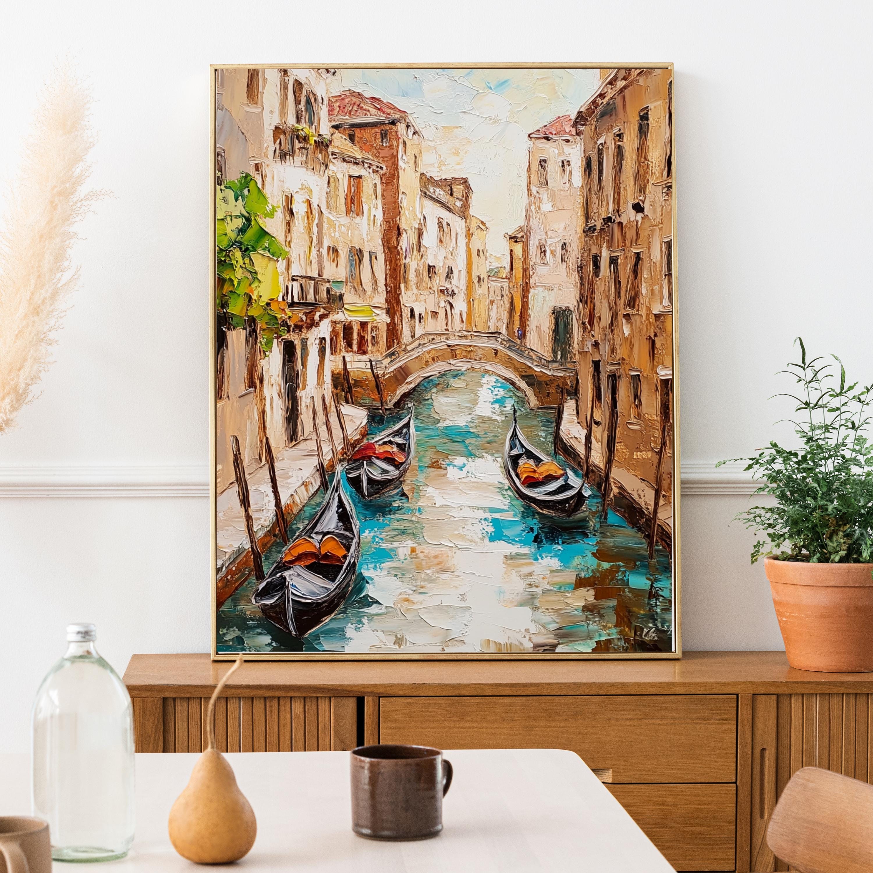 Venice Canal Reflections – Textured Beige Palette Knife Oil Painting – Italian Waterway Wall Art with Rustic Romance