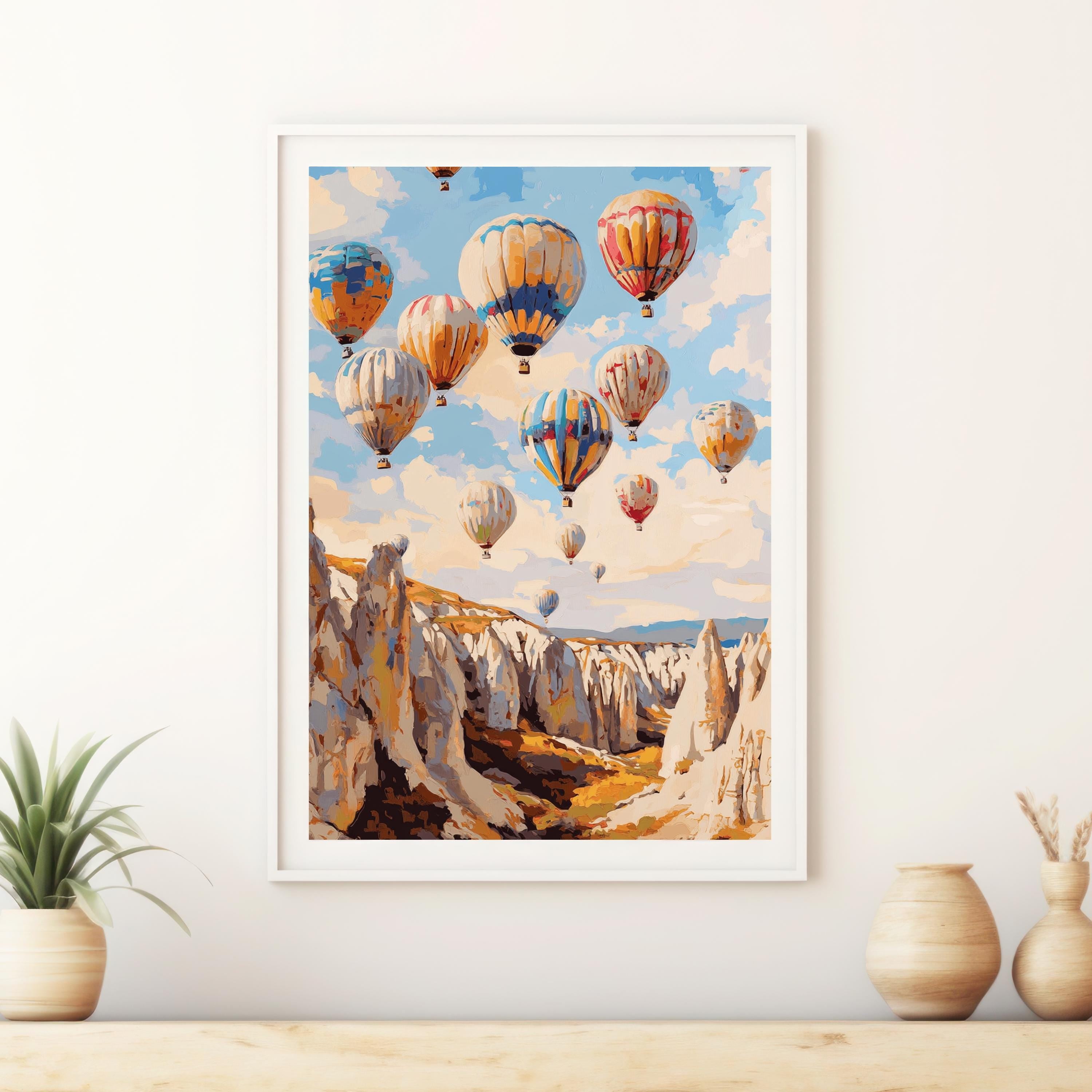 Cappadocia Balloon Skies – Textured Beige Oil Painting of Hot Air Balloons over Turkey’s Fairy Chimneys