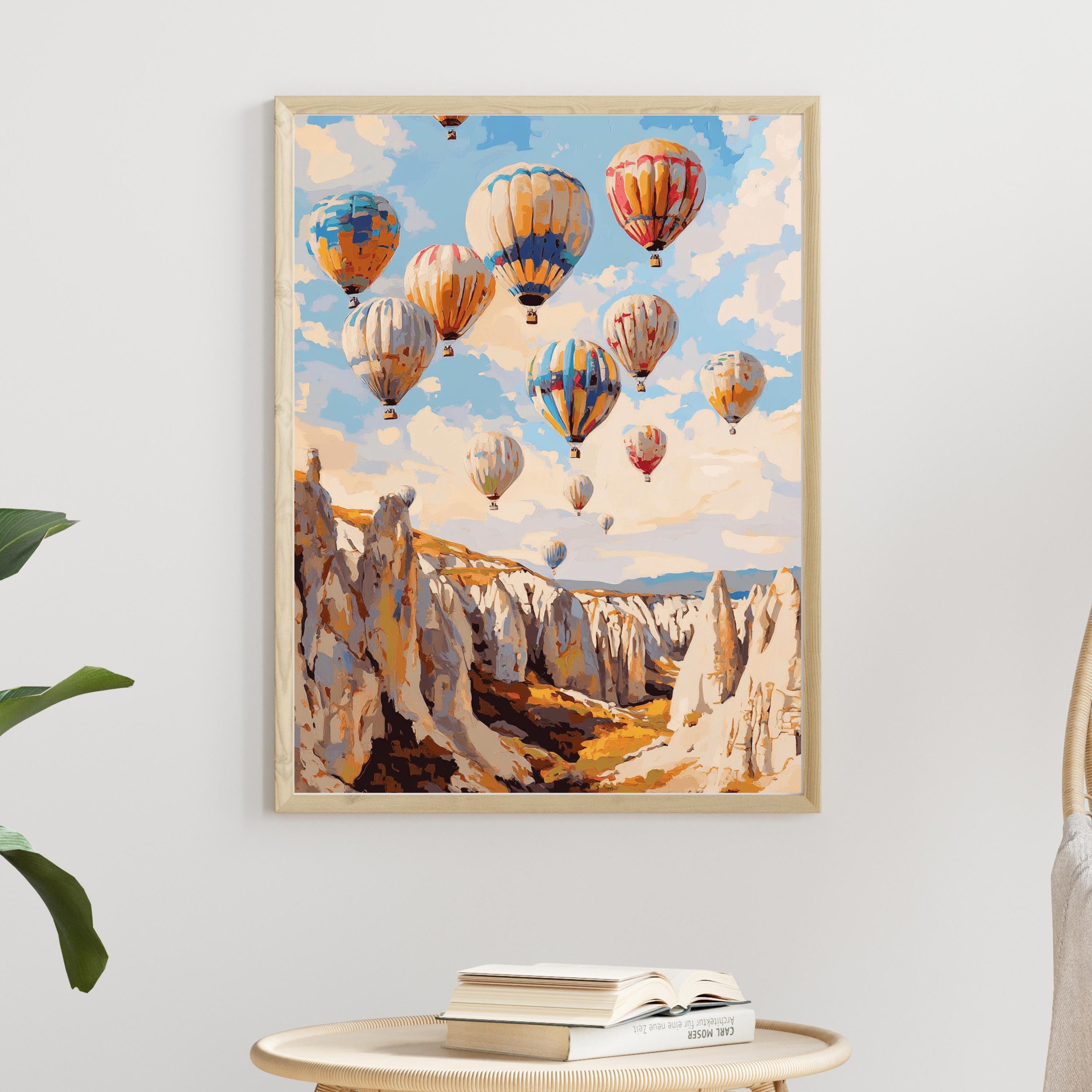 Cappadocia Balloon Skies – Textured Beige Oil Painting of Hot Air Balloons over Turkey’s Fairy Chimneys