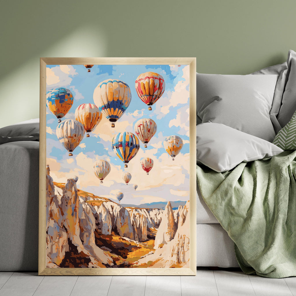 Cappadocia Balloon Skies – Textured Beige Oil Painting of Hot Air Balloons over Turkey’s Fairy Chimneys