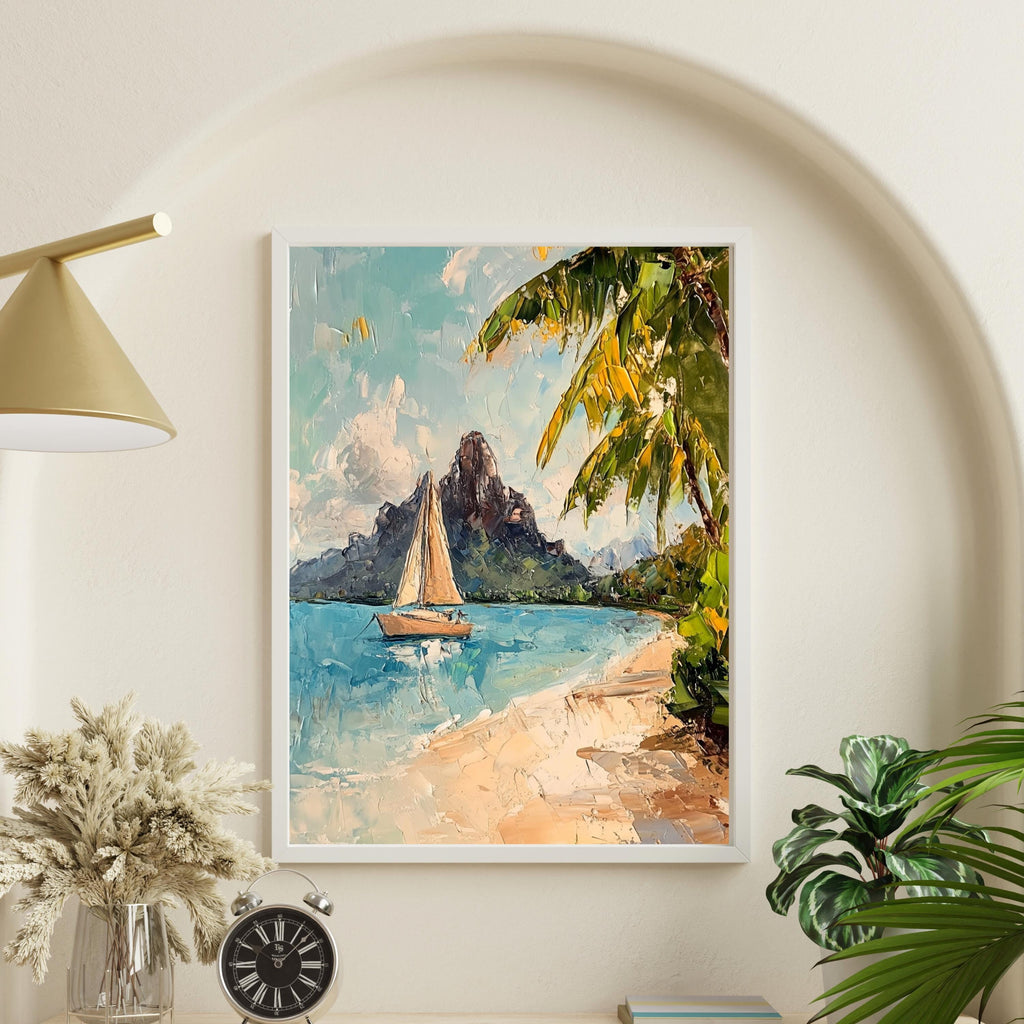Bora Bora Tranquility – Textured Beige Oil Painting of Island Bungalows, Calm Waters, and Mount Otemanu