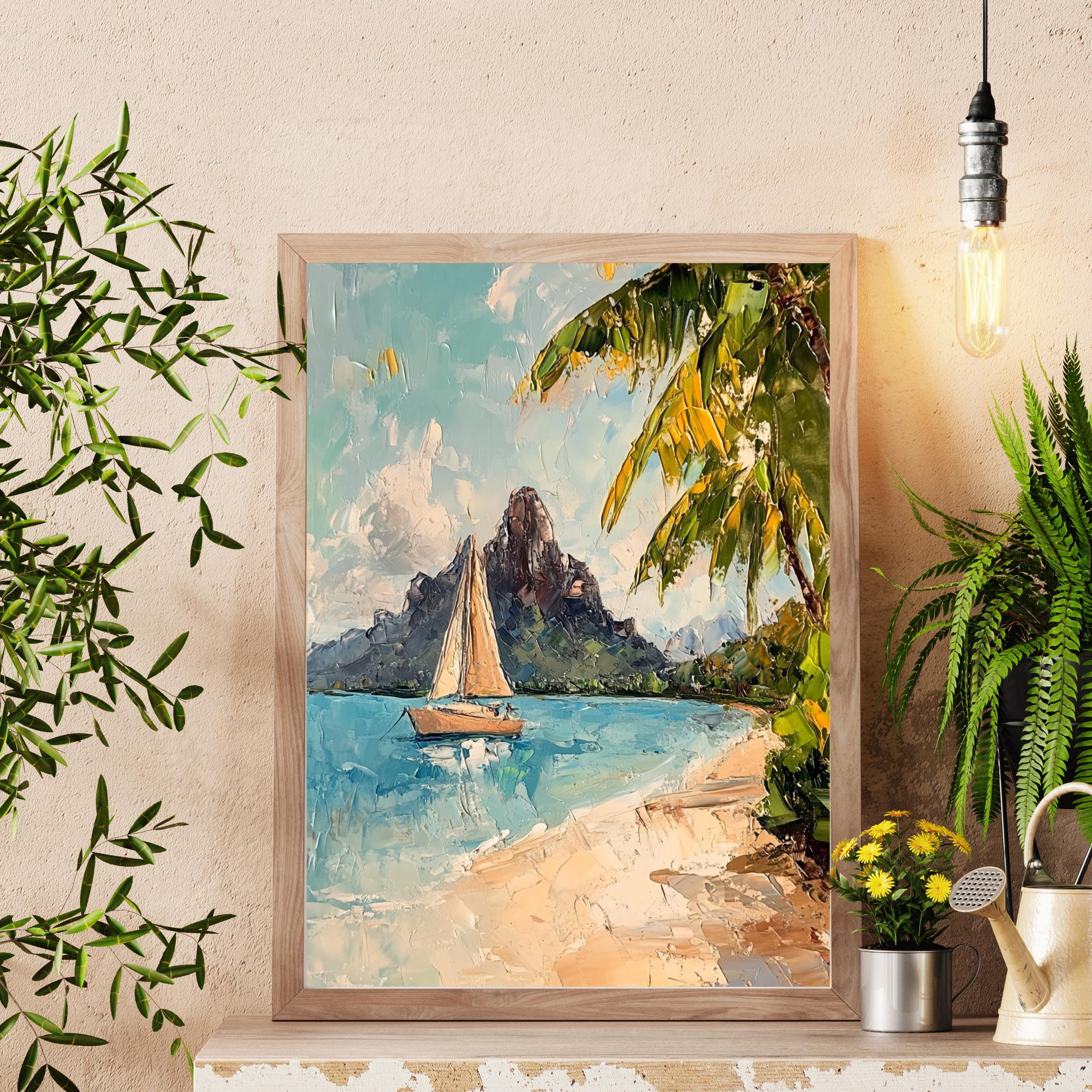 Bora Bora Tranquility – Textured Beige Oil Painting of Island Bungalows, Calm Waters, and Mount Otemanu