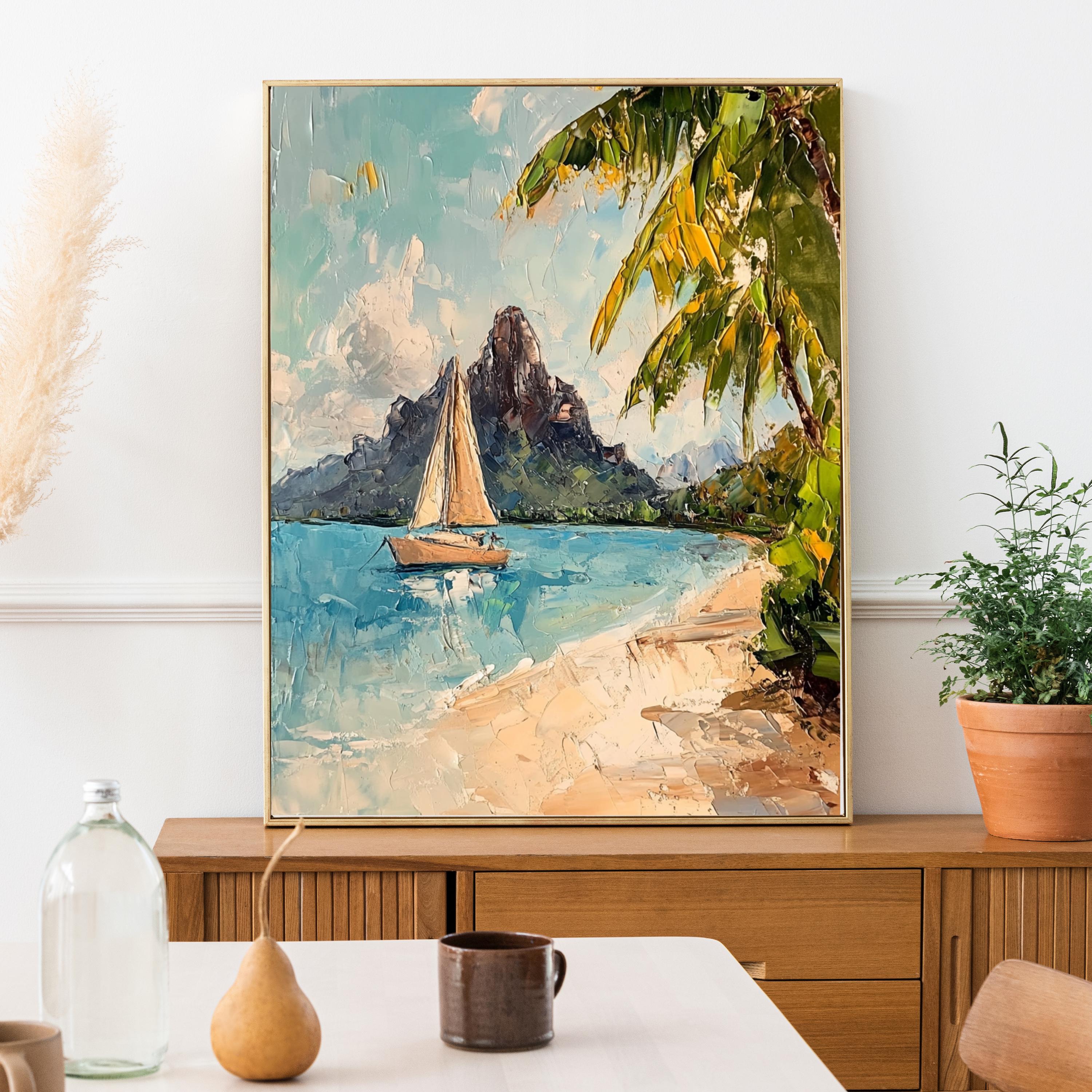 Bora Bora Tranquility – Textured Beige Oil Painting of Island Bungalows, Calm Waters, and Mount Otemanu