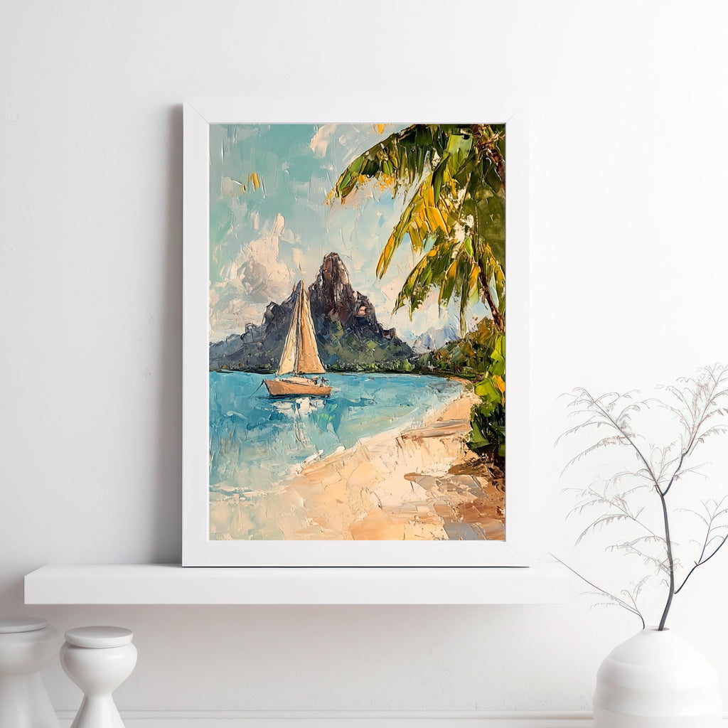 Bora Bora Tranquility – Textured Beige Oil Painting of Island Bungalows, Calm Waters, and Mount Otemanu