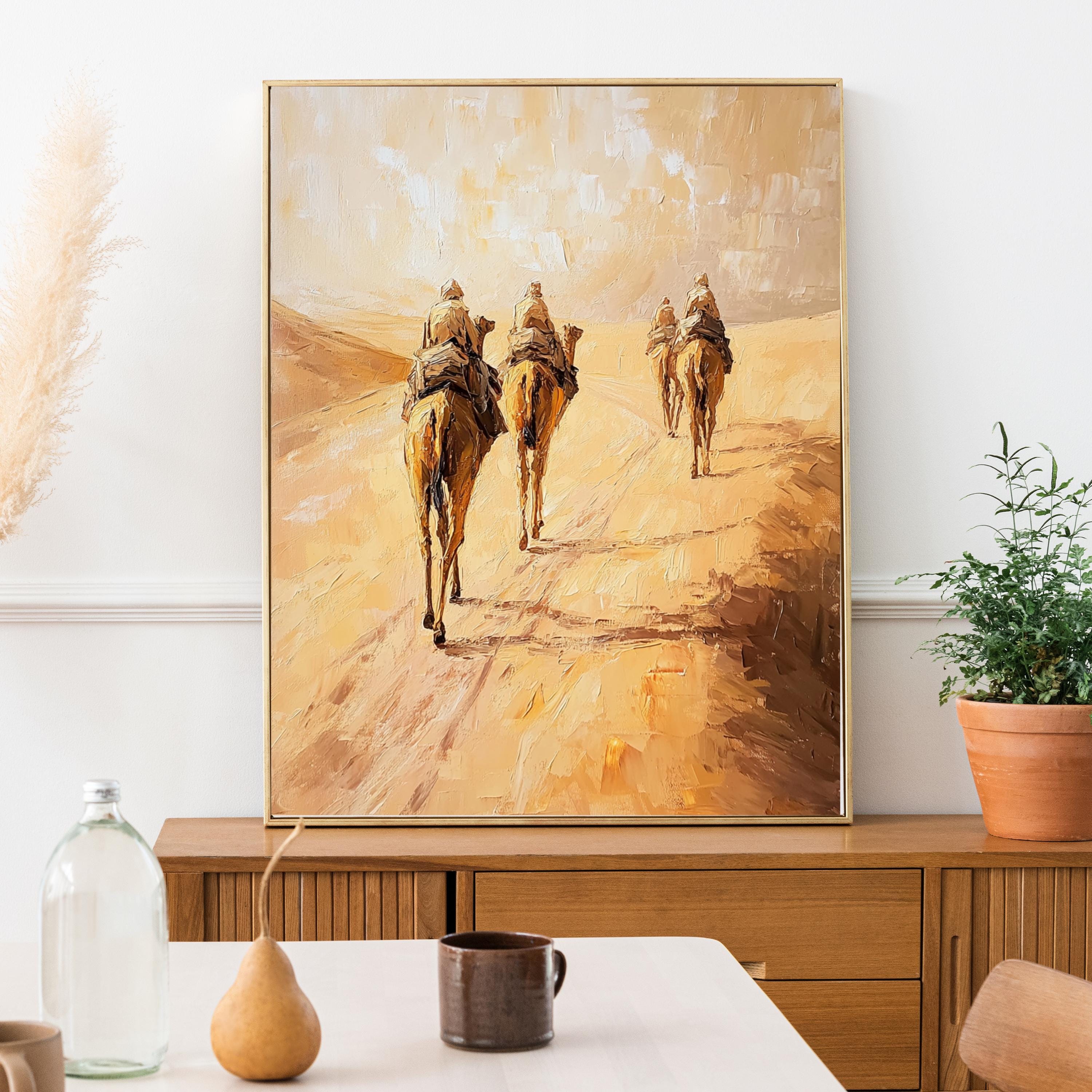 Sahara Dessert, Textured Beige Oil Painting of Morocco on venetian plaster