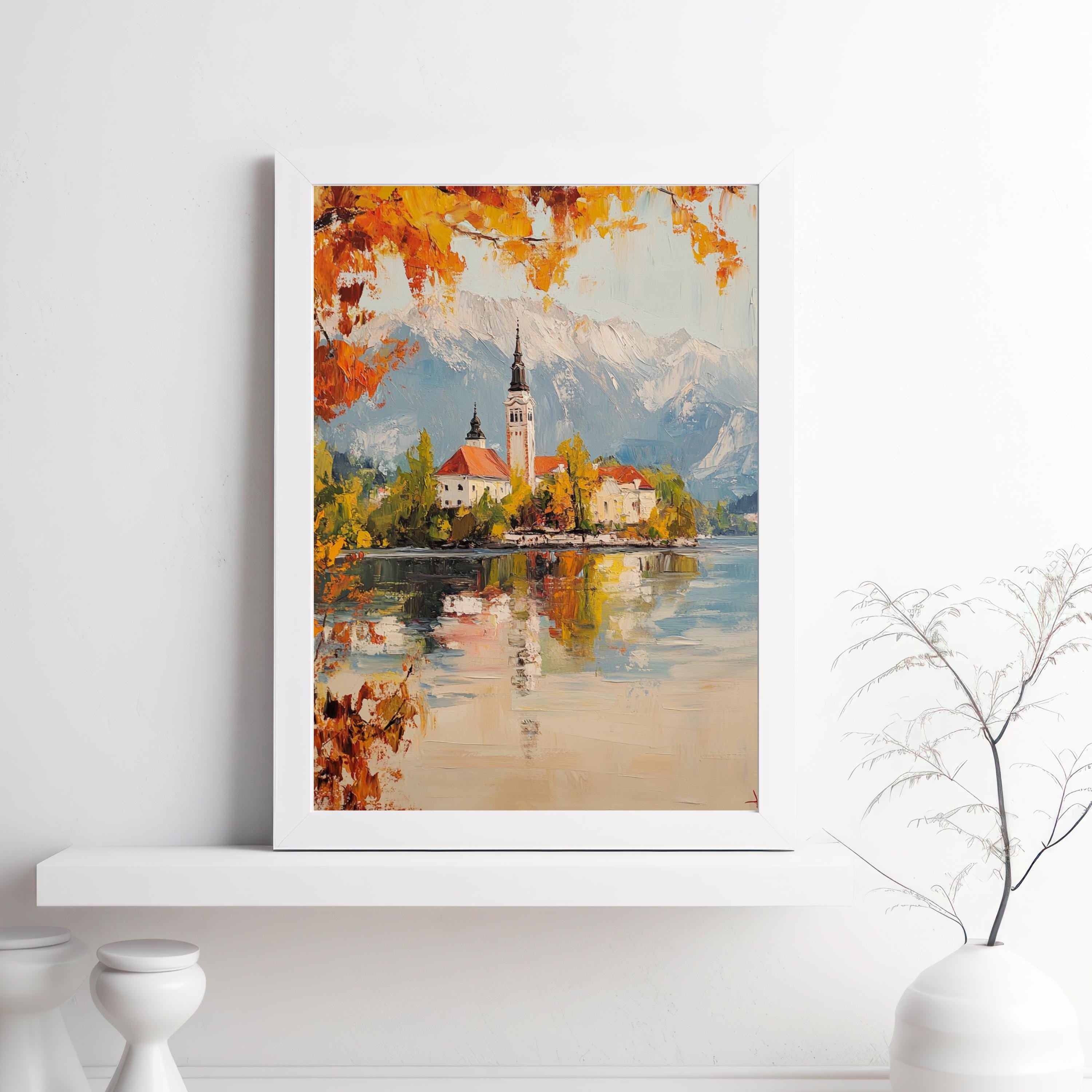 Serenity at Lake Bled – Textured Beige Oil Painting of Slovenia’s Island Church and Alpine Reflections