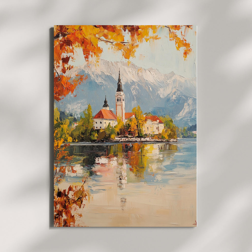 Serenity at Lake Bled – Textured Beige Oil Painting of Slovenia’s Island Church and Alpine Reflections