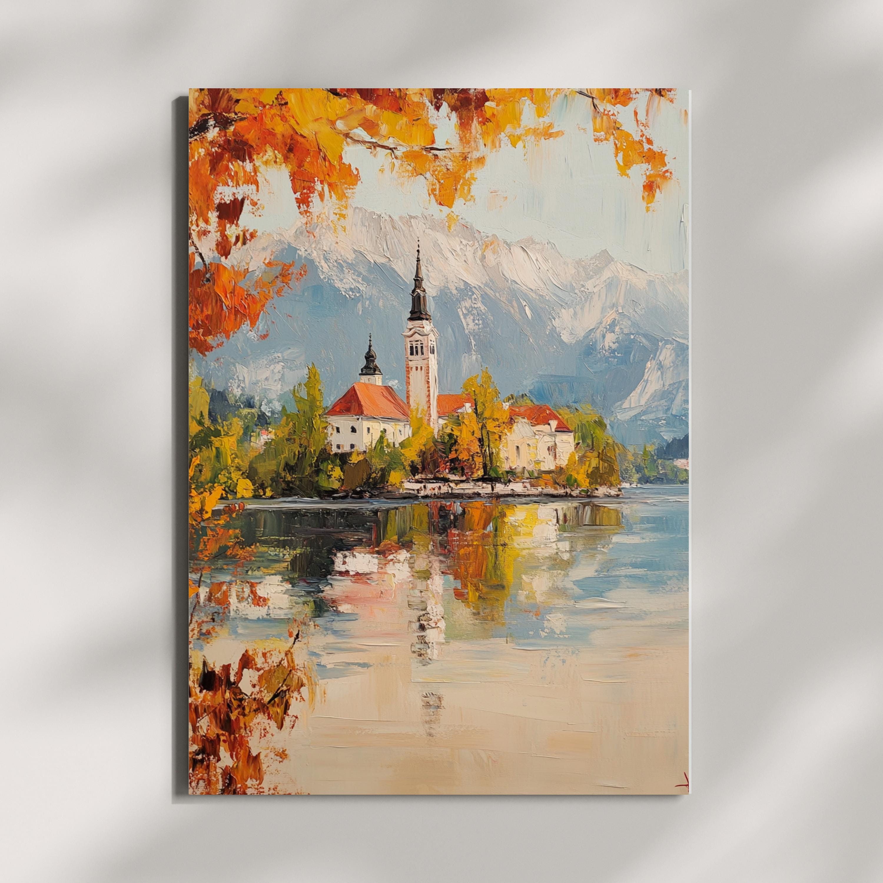 Serenity at Lake Bled – Textured Beige Oil Painting of Slovenia’s Island Church and Alpine Reflections