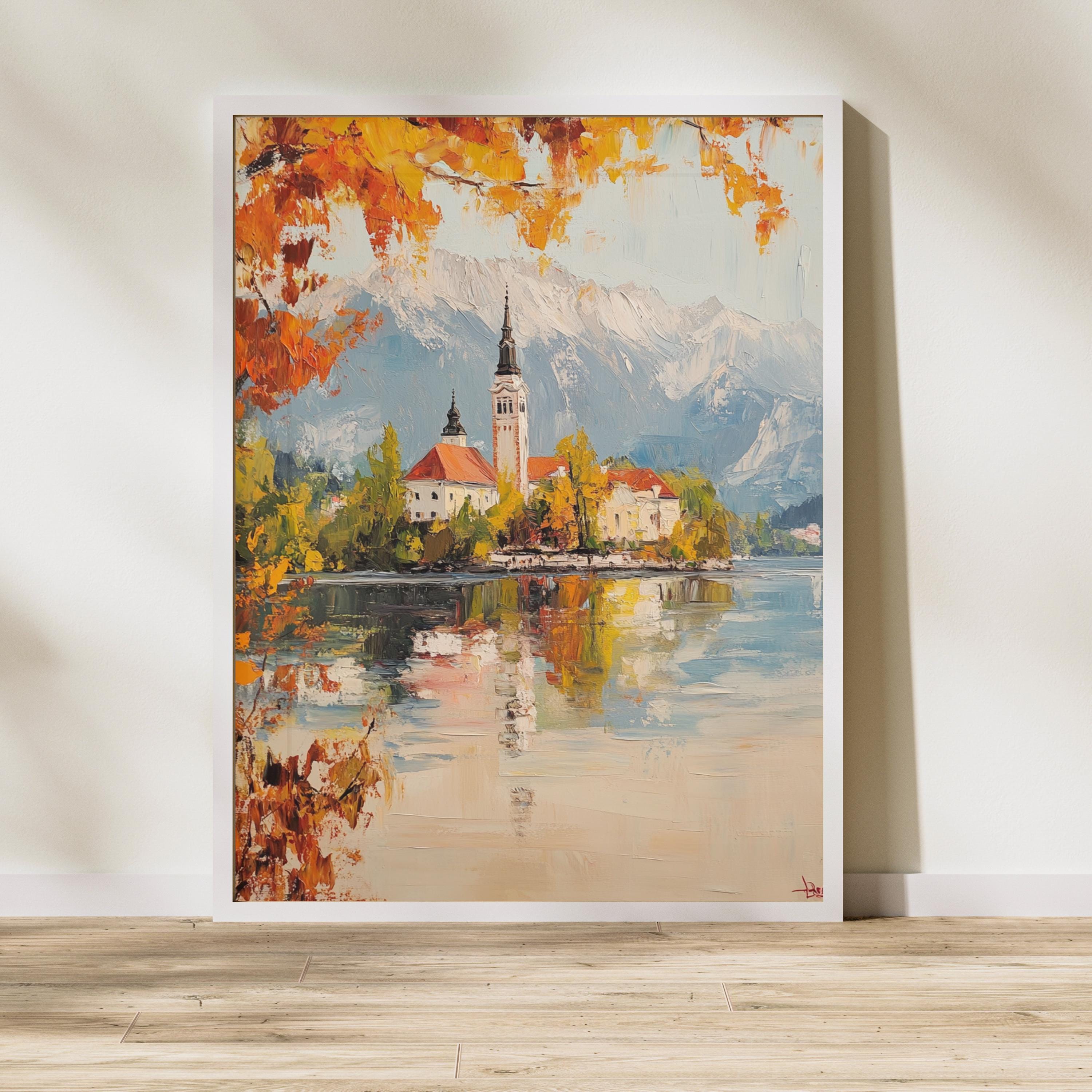 Serenity at Lake Bled – Textured Beige Oil Painting of Slovenia’s Island Church and Alpine Reflections