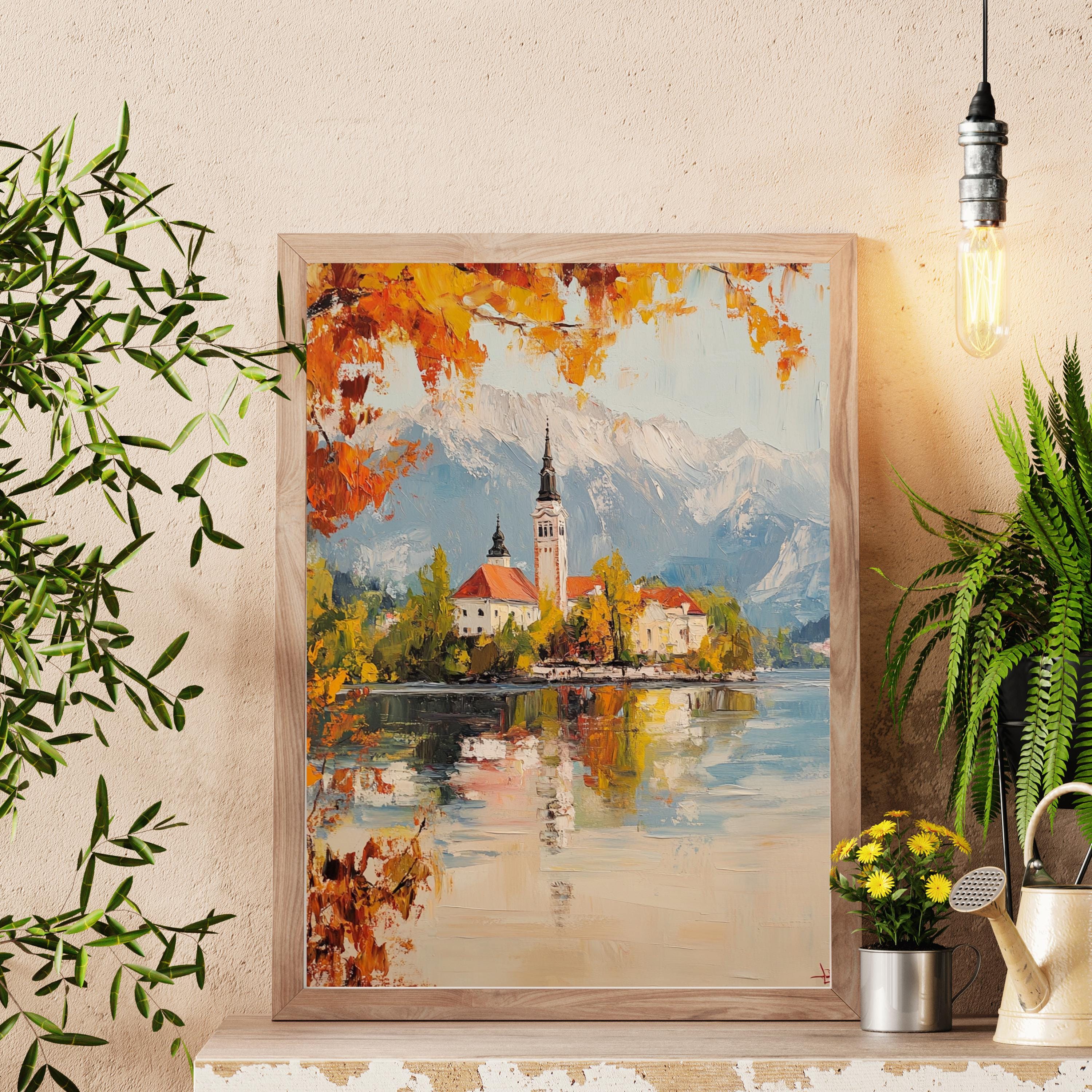 Serenity at Lake Bled – Textured Beige Oil Painting of Slovenia’s Island Church and Alpine Reflections
