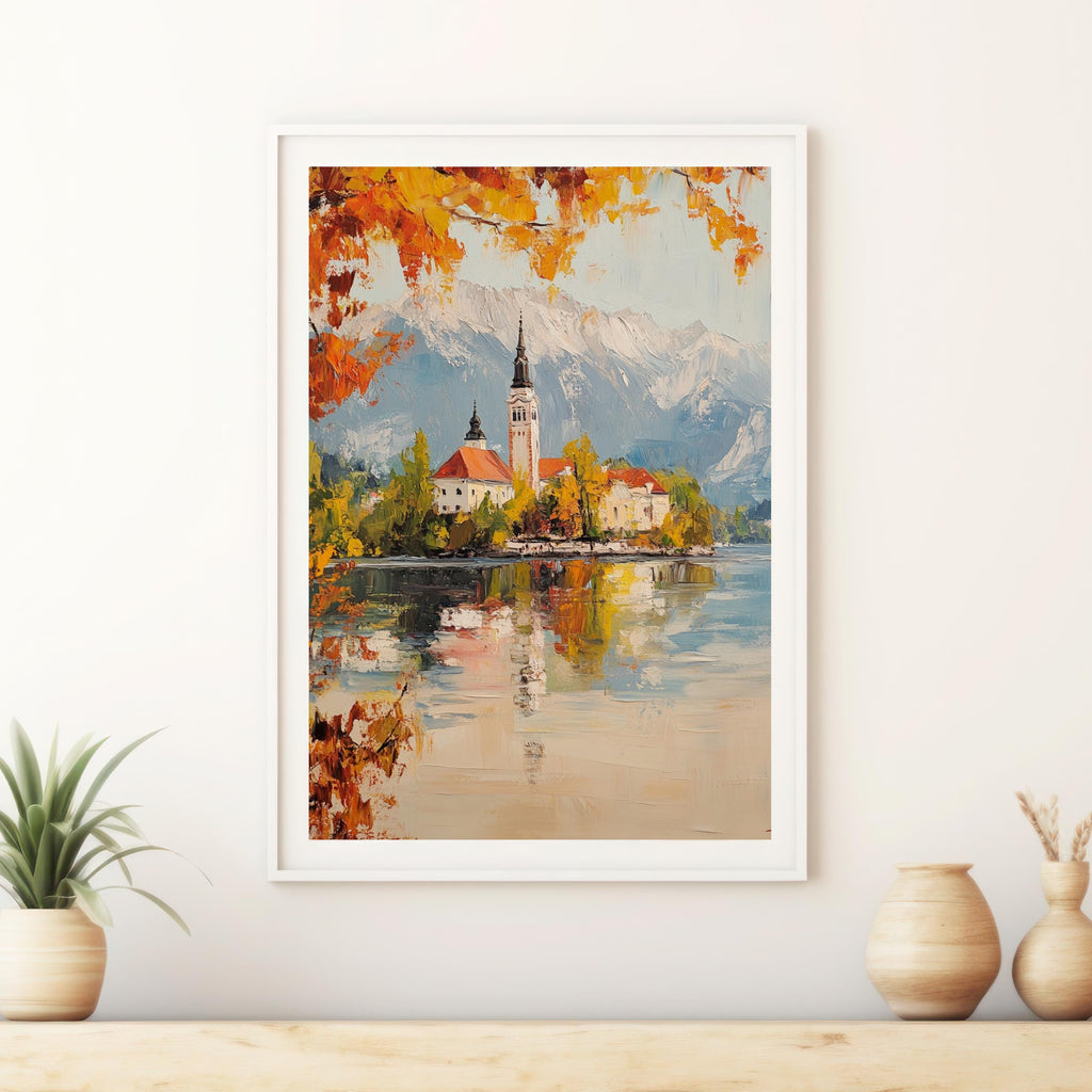 Serenity at Lake Bled – Textured Beige Oil Painting of Slovenia’s Island Church and Alpine Reflections