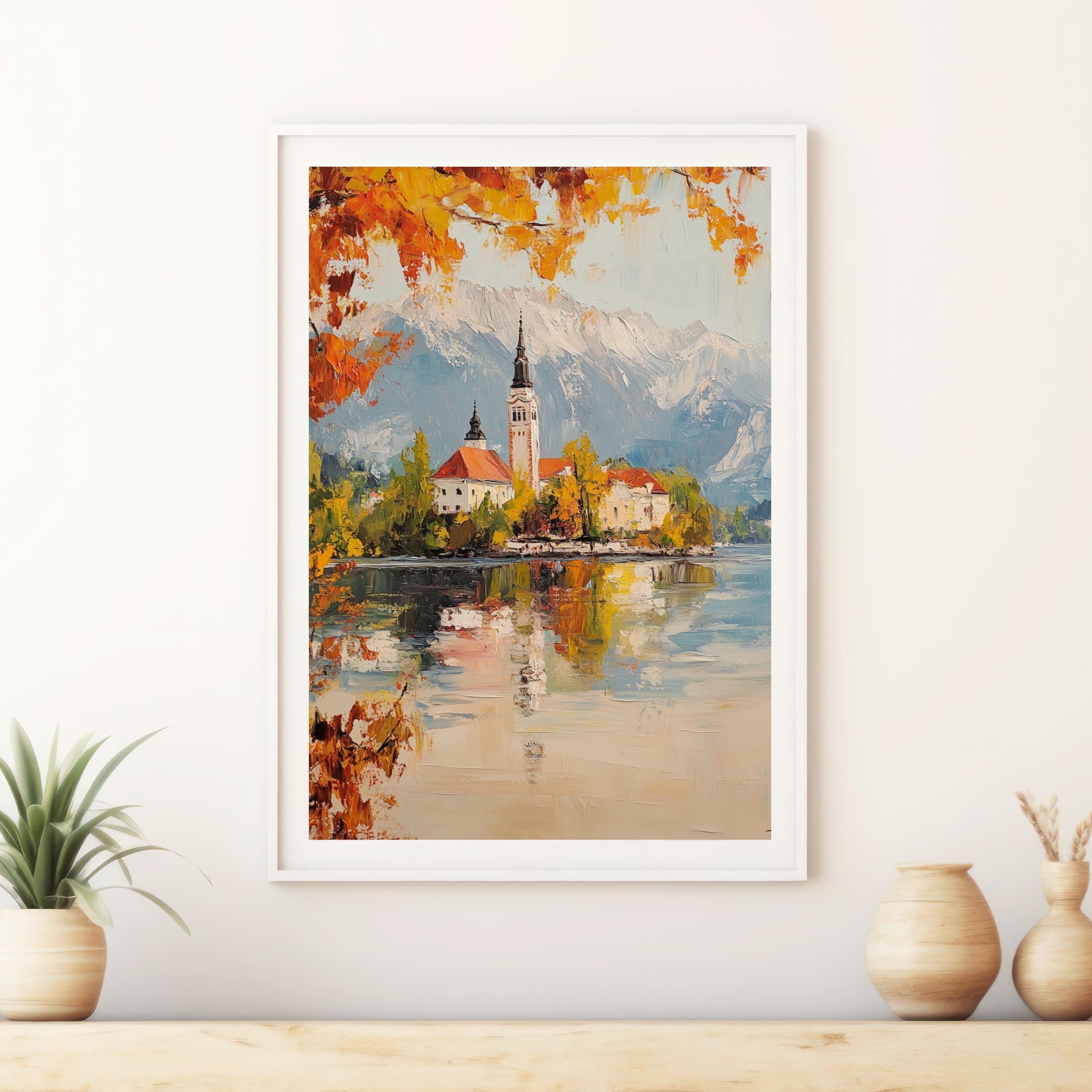 Serenity at Lake Bled – Textured Beige Oil Painting of Slovenia’s Island Church and Alpine Reflections
