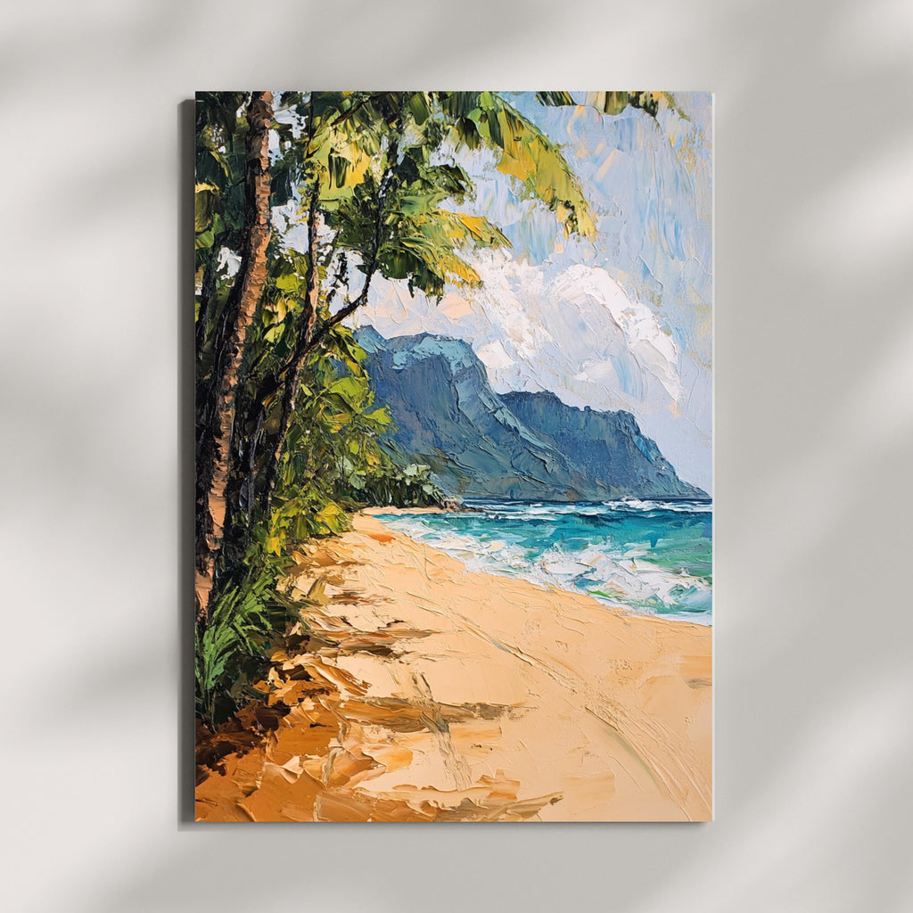 Tunnels Beach Kauai painting Tranquility – Textured Beige Oil Painting of Kauai’s North Shore and Napali Coastline