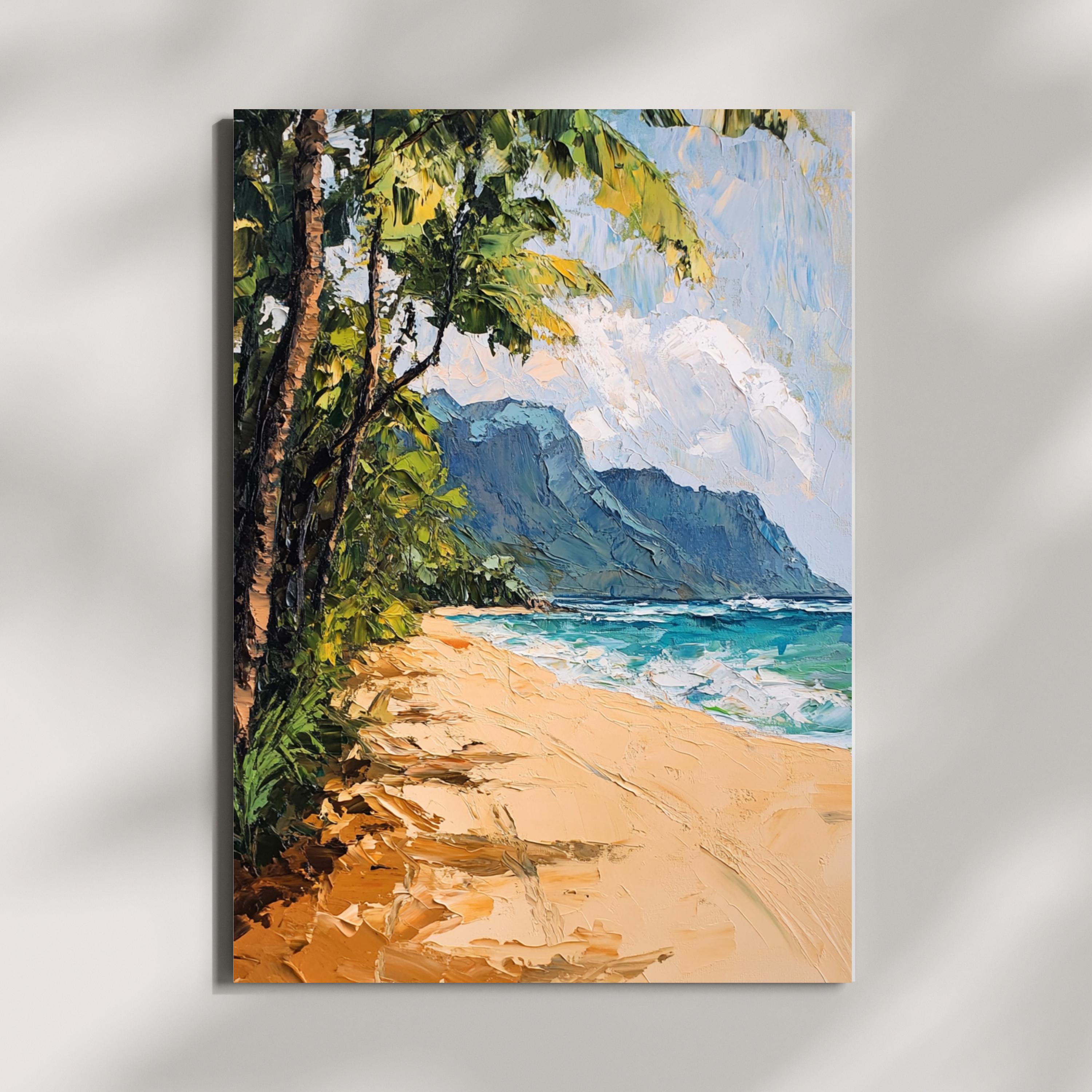 Tunnels Beach Kauai painting Tranquility – Textured Beige Oil Painting of Kauai’s North Shore and Napali Coastline