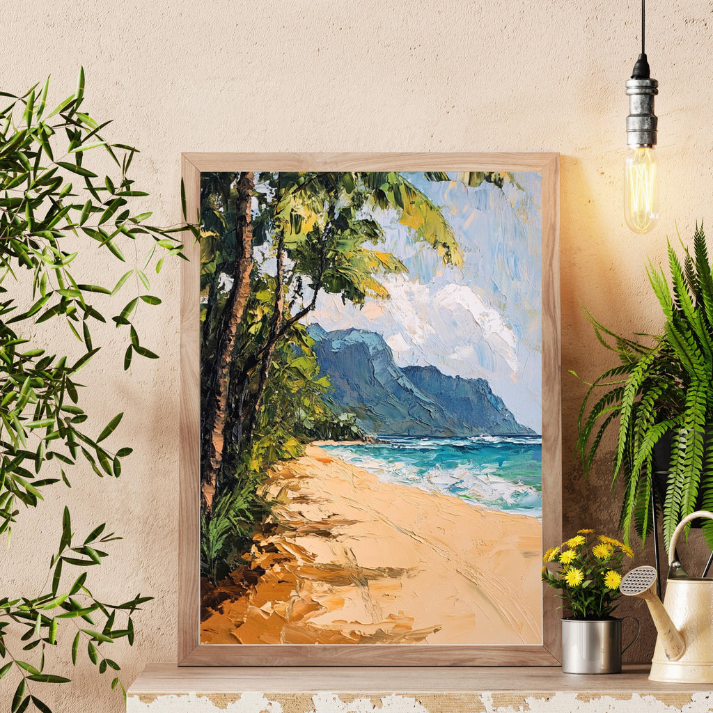 Tunnels Beach Kauai painting Tranquility – Textured Beige Oil Painting of Kauai’s North Shore and Napali Coastline