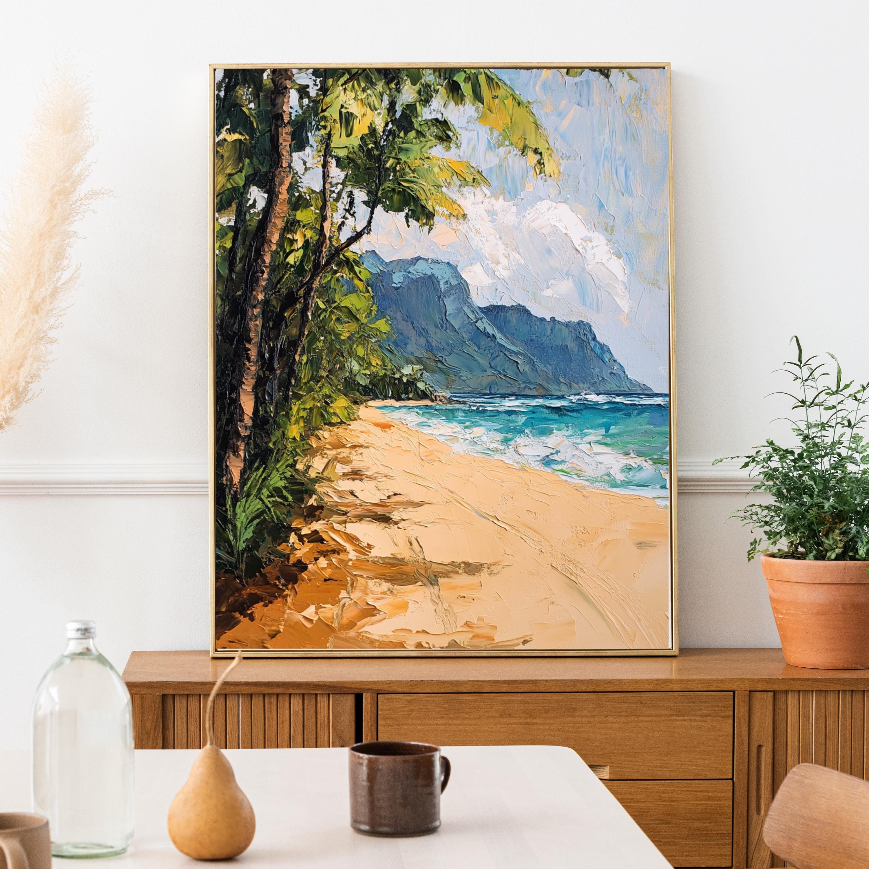 Tunnels Beach Kauai painting Tranquility – Textured Beige Oil Painting of Kauai’s North Shore and Napali Coastline