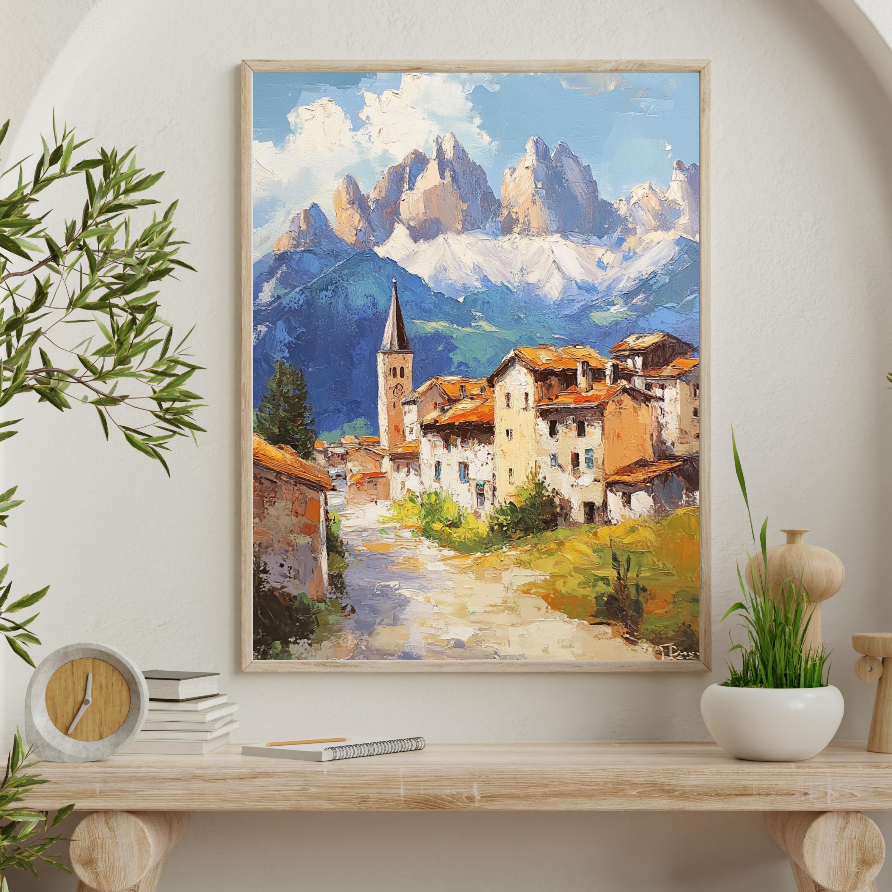Stillness in the Peaks – Textured Beige Oil Painting of the Italian Dolomites and Alpine Silence