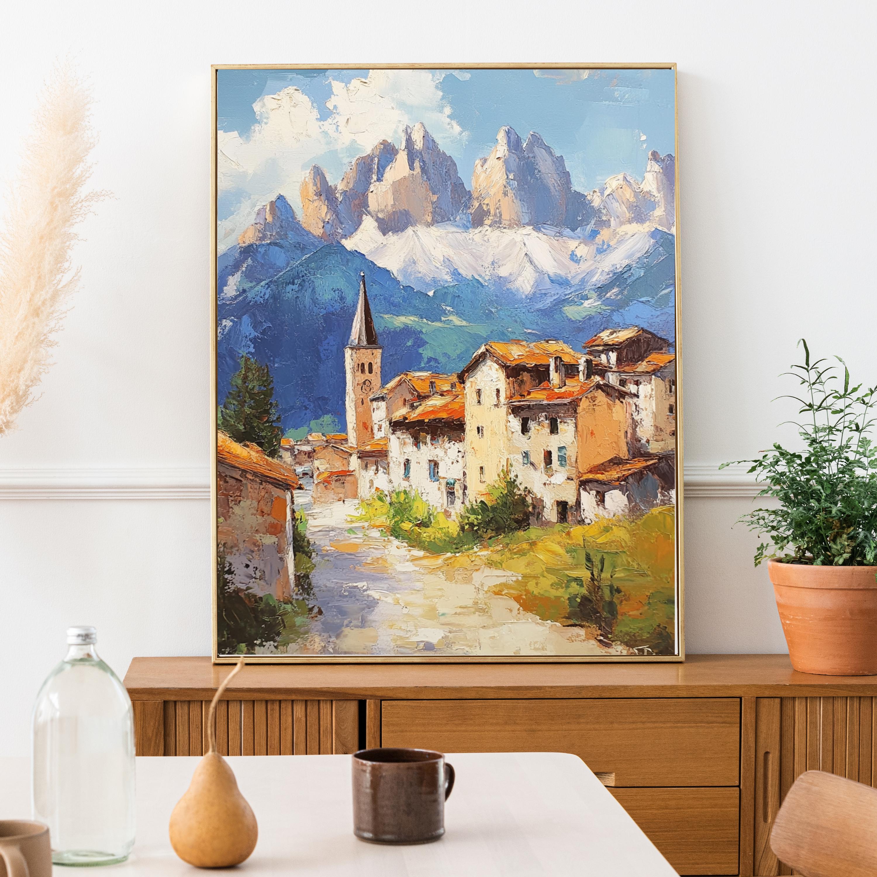 Stillness in the Peaks – Textured Beige Oil Painting of the Italian Dolomites and Alpine Silence