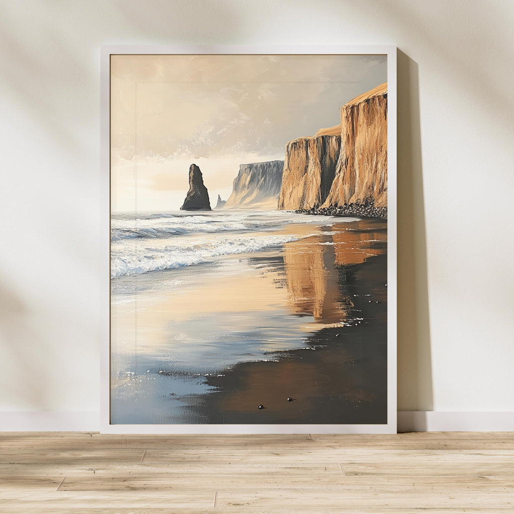 Reynisfjara Black Sand Beach, Iceland – Textured Beige Palette Knife Oil Painting – Venetian Beige Coastal Wall Art Print