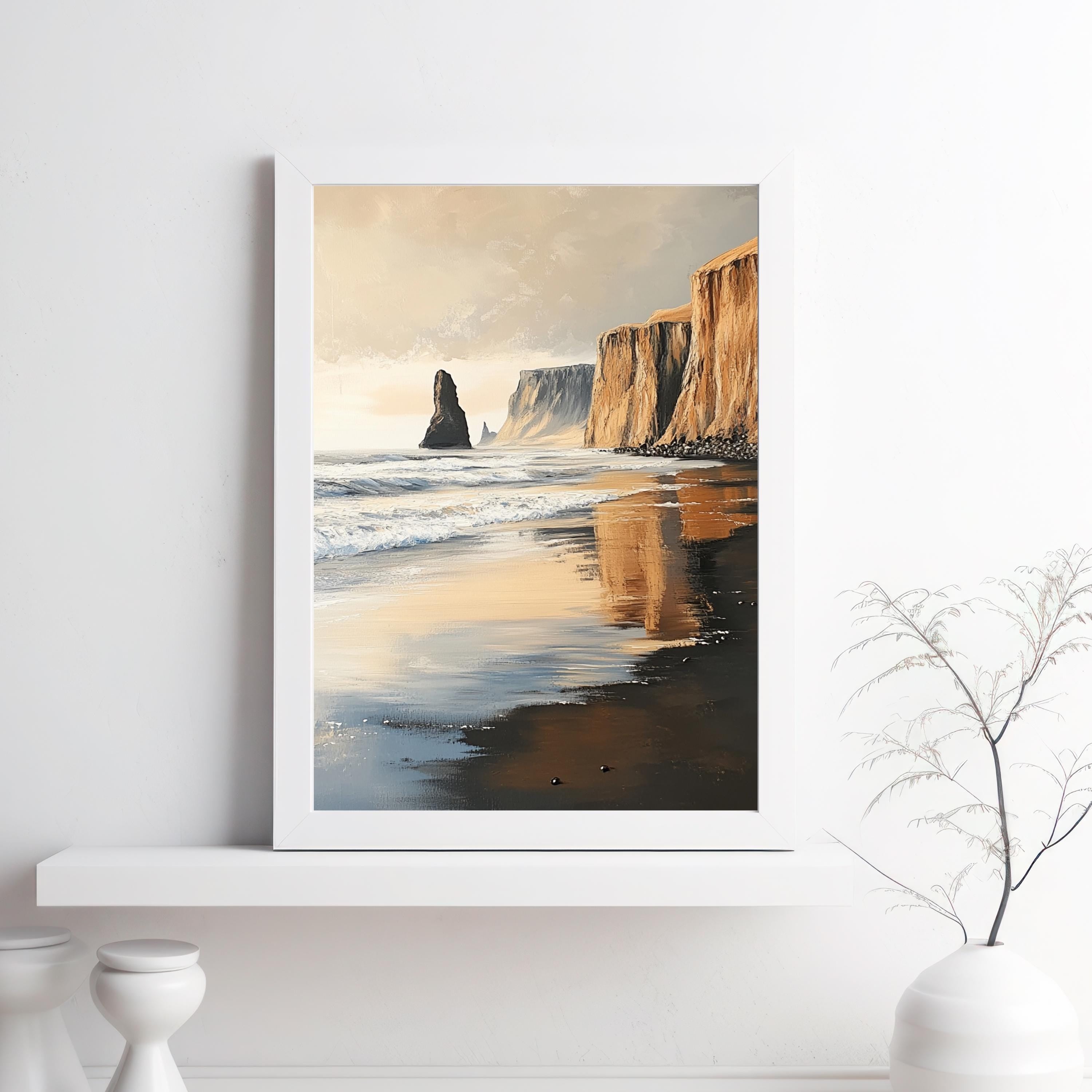 Reynisfjara Black Sand Beach, Iceland – Textured Beige Palette Knife Oil Painting – Venetian Beige Coastal Wall Art Print