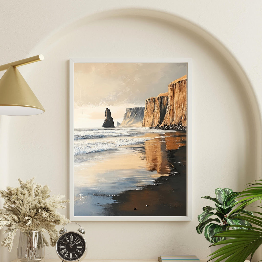 Reynisfjara Black Sand Beach, Iceland – Textured Beige Palette Knife Oil Painting – Venetian Beige Coastal Wall Art Print