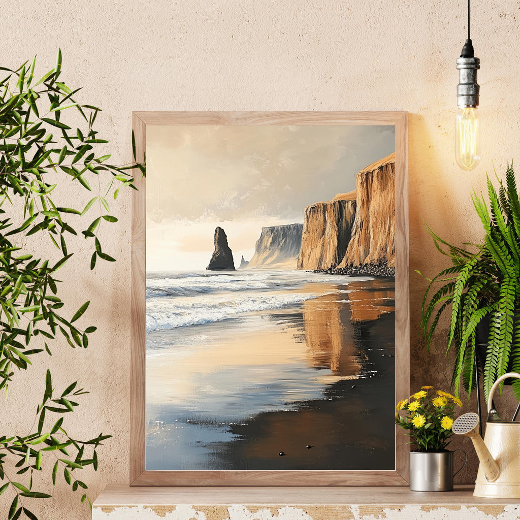 Reynisfjara Black Sand Beach, Iceland – Textured Beige Palette Knife Oil Painting – Venetian Beige Coastal Wall Art Print
