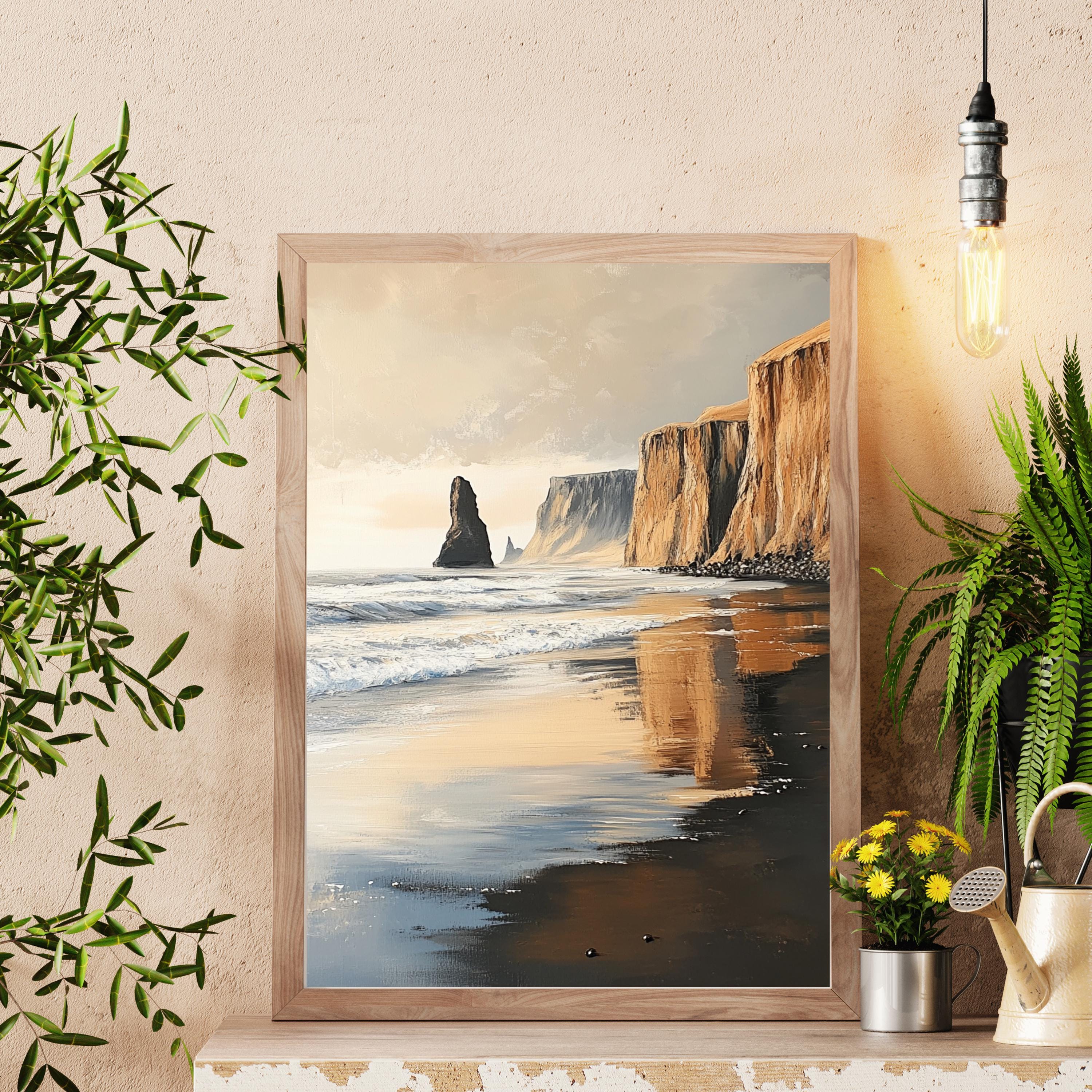 Reynisfjara Black Sand Beach, Iceland – Textured Beige Palette Knife Oil Painting – Venetian Beige Coastal Wall Art Print