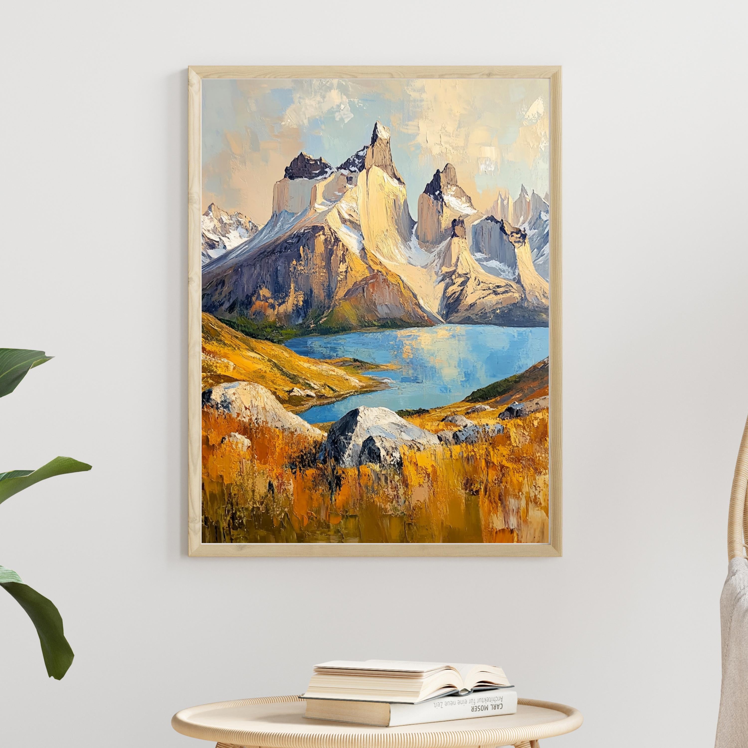 Torres del Paine Chile Wall Art – Beige Palette Knife Oil Painting – Patagonian Mountain Landscape Print