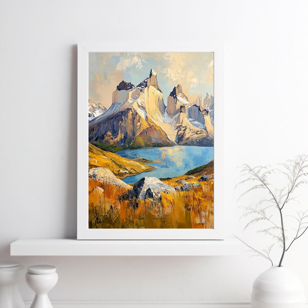 Torres del Paine Chile Wall Art – Beige Palette Knife Oil Painting – Patagonian Mountain Landscape Print