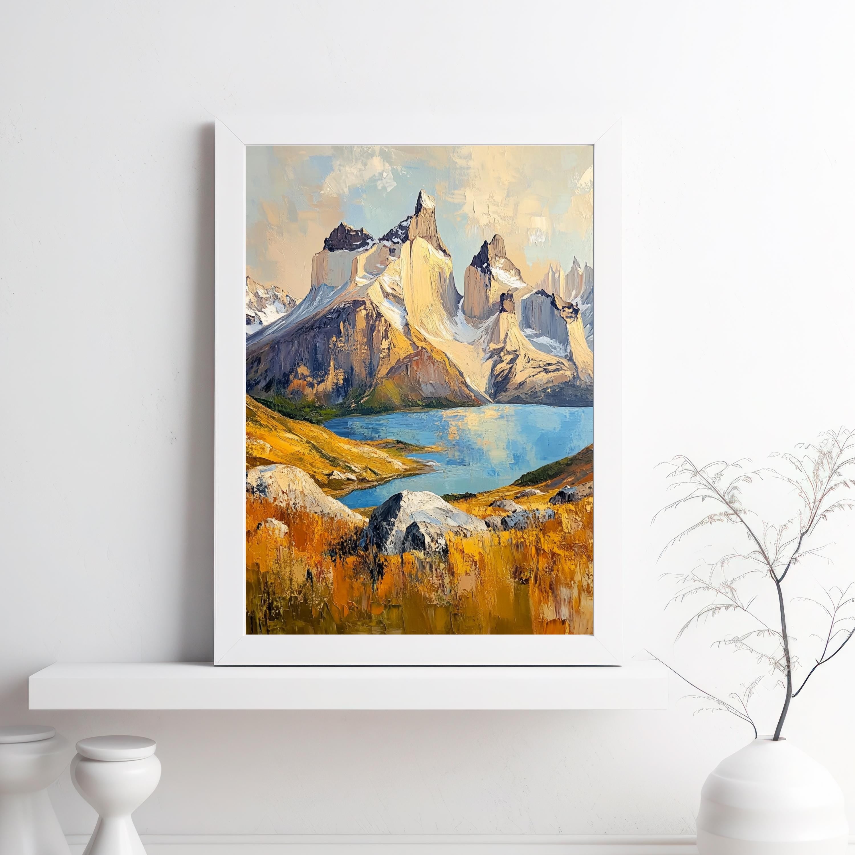 Torres del Paine Chile Wall Art – Beige Palette Knife Oil Painting – Patagonian Mountain Landscape Print