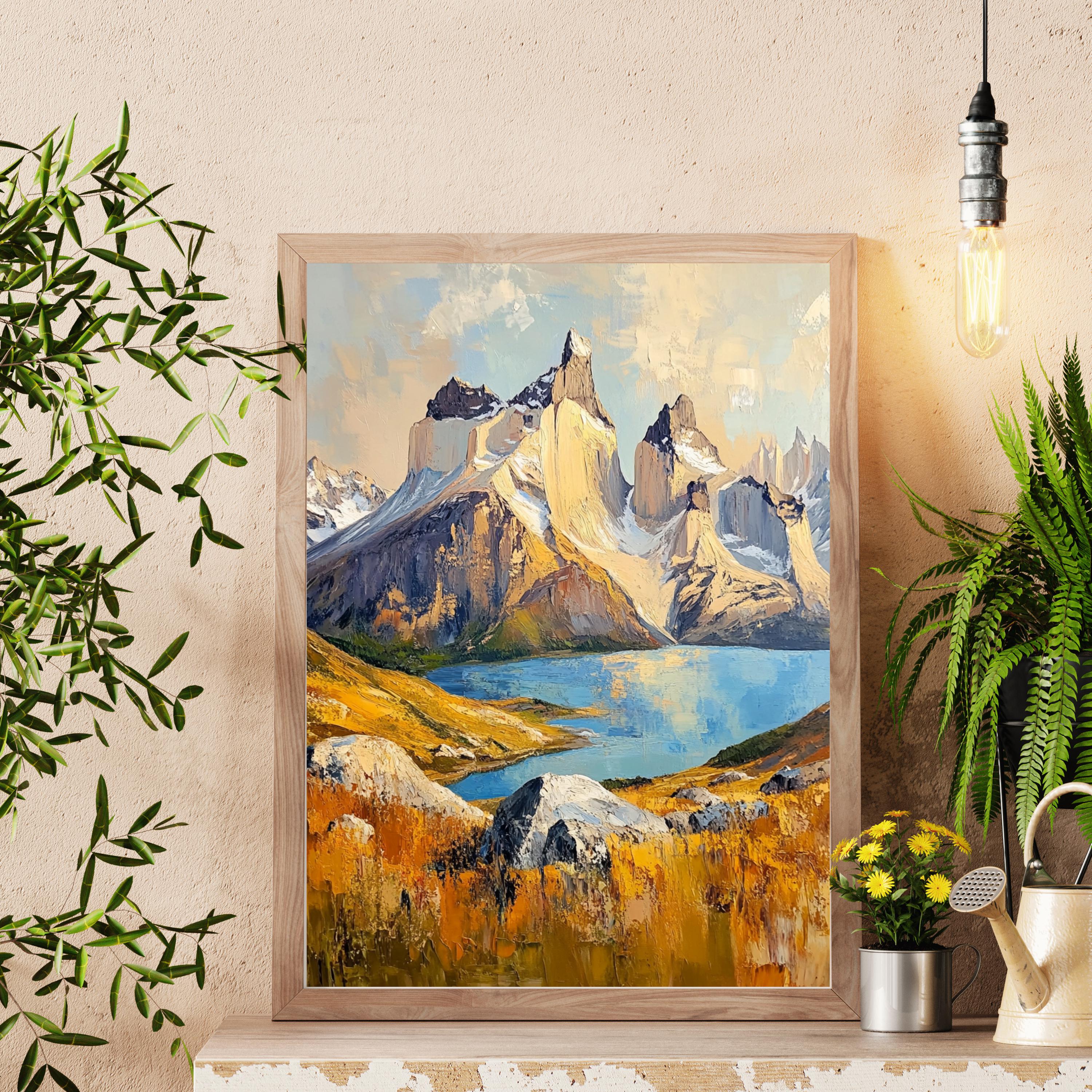 Torres del Paine Chile Wall Art – Beige Palette Knife Oil Painting – Patagonian Mountain Landscape Print