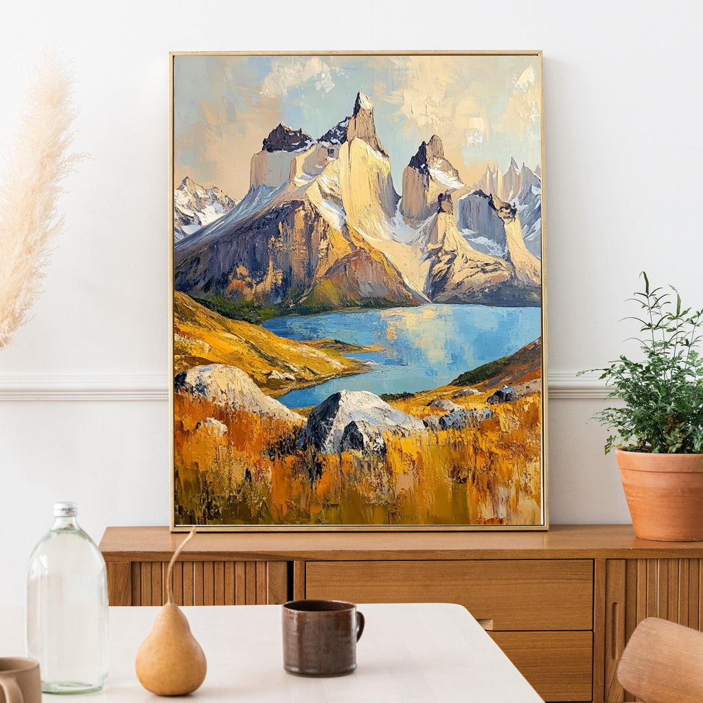 Torres del Paine Chile Wall Art – Beige Palette Knife Oil Painting – Patagonian Mountain Landscape Print