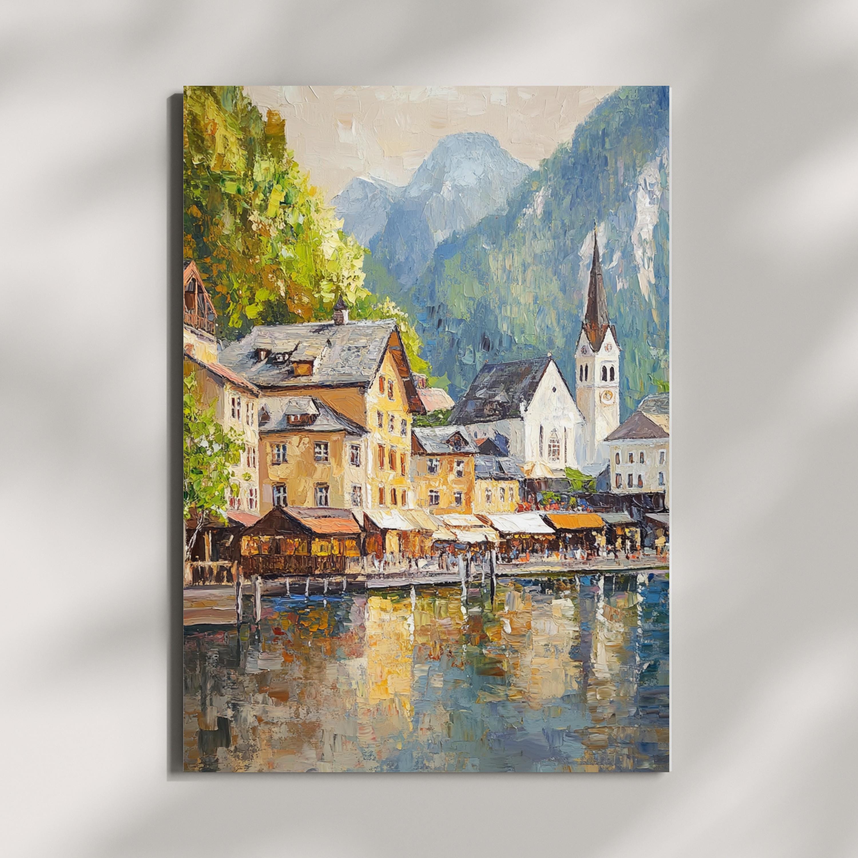Hallstatt Austria Wall Art – Beige Palette Knife Oil Painting – European Village Lake Print