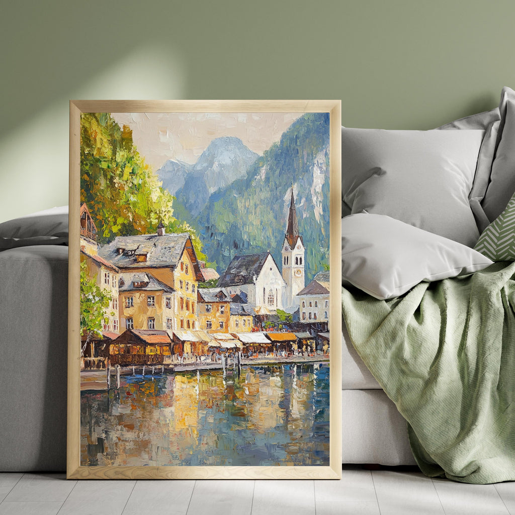 Hallstatt Austria Wall Art – Beige Palette Knife Oil Painting – European Village Lake Print