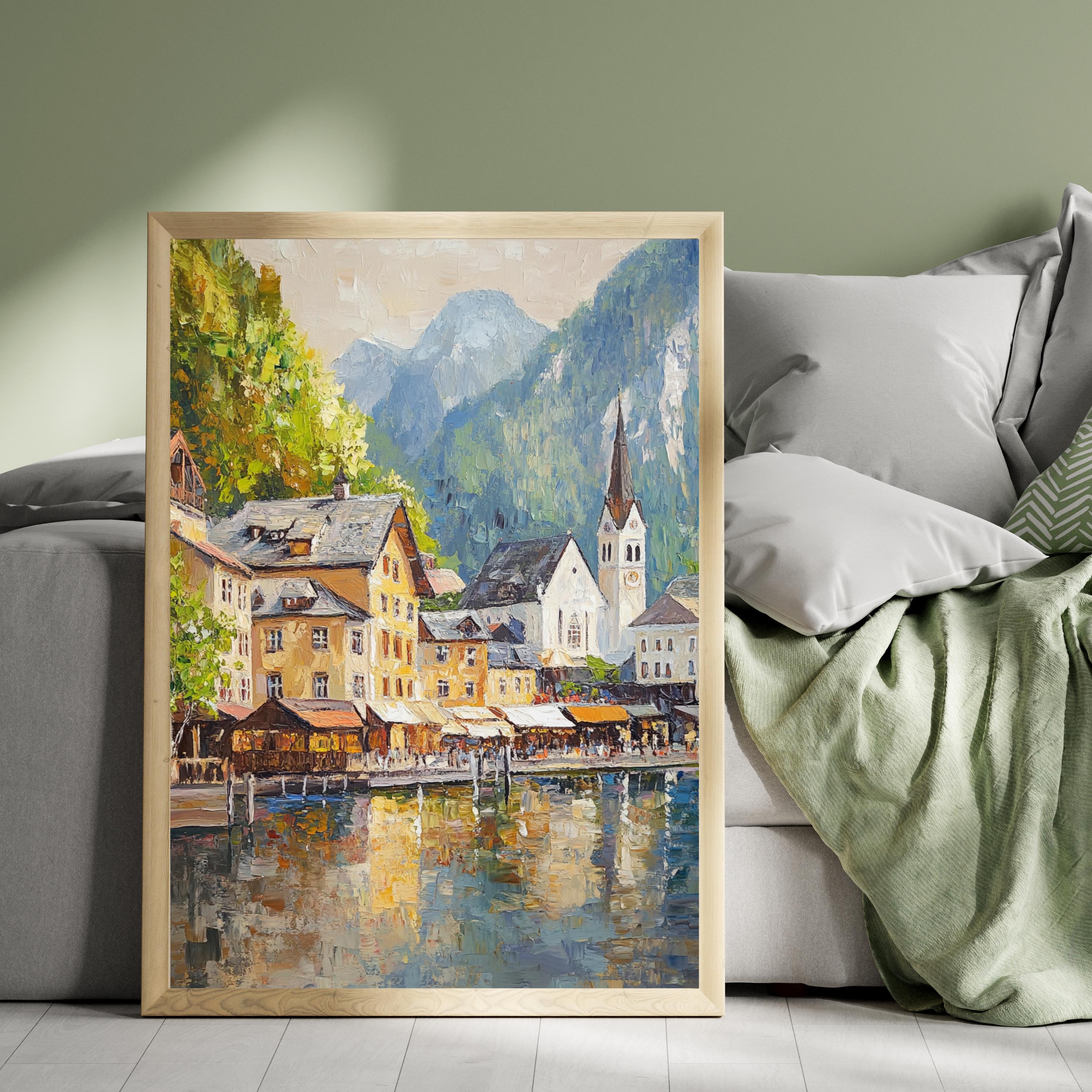 Hallstatt Austria Wall Art – Beige Palette Knife Oil Painting – European Village Lake Print