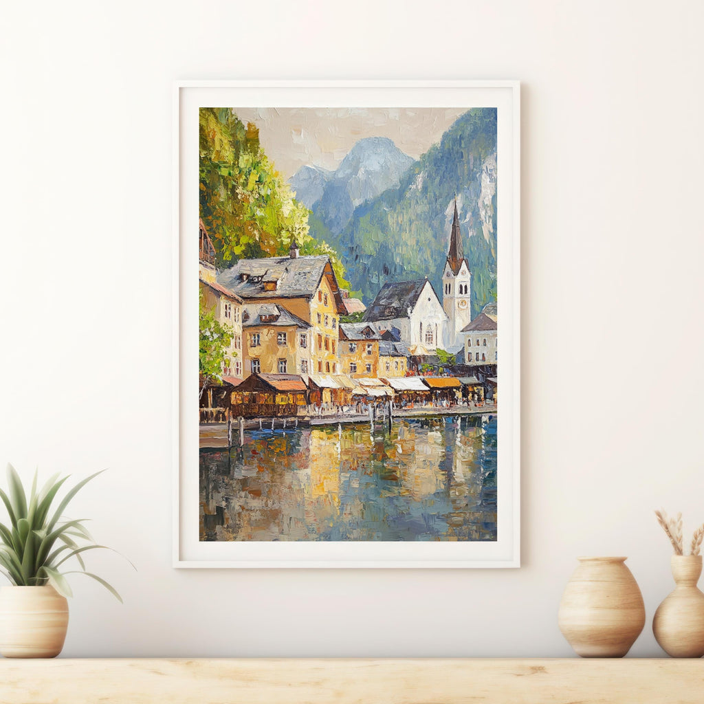 Hallstatt Austria Wall Art – Beige Palette Knife Oil Painting – European Village Lake Print