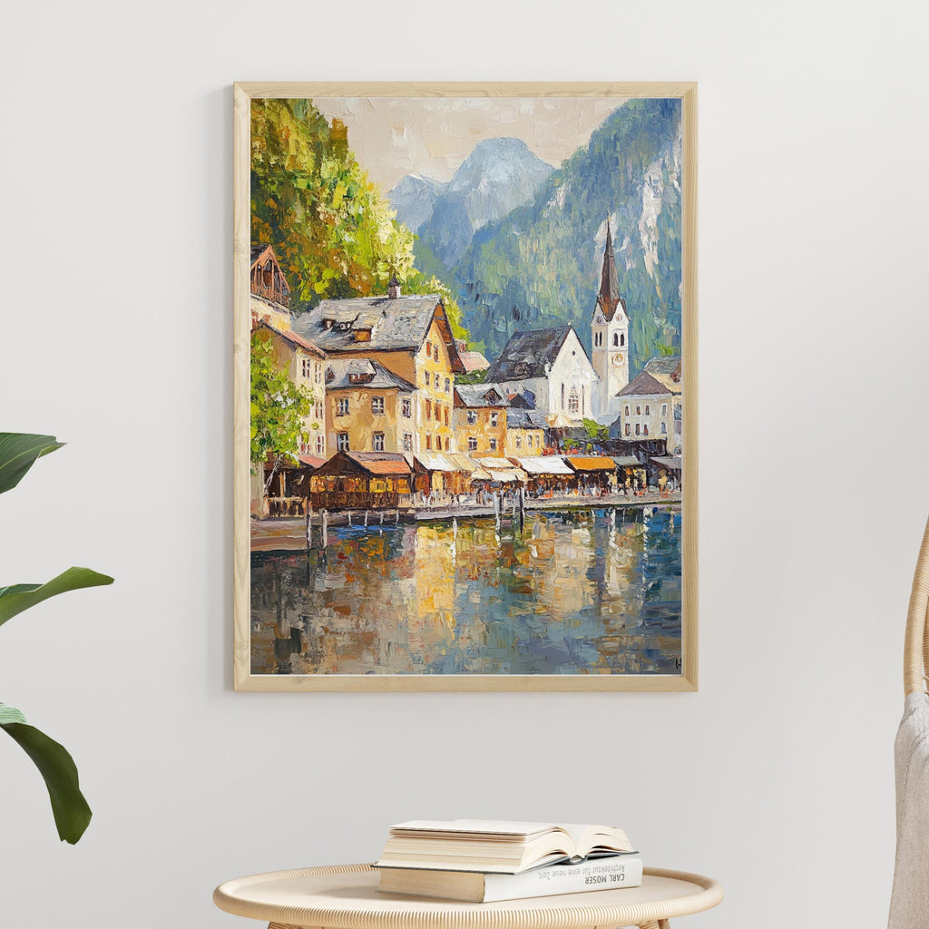 Hallstatt Austria Wall Art – Beige Palette Knife Oil Painting – European Village Lake Print