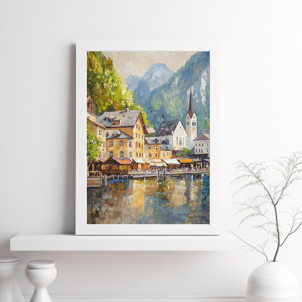 Hallstatt Austria Wall Art – Beige Palette Knife Oil Painting – European Village Lake Print