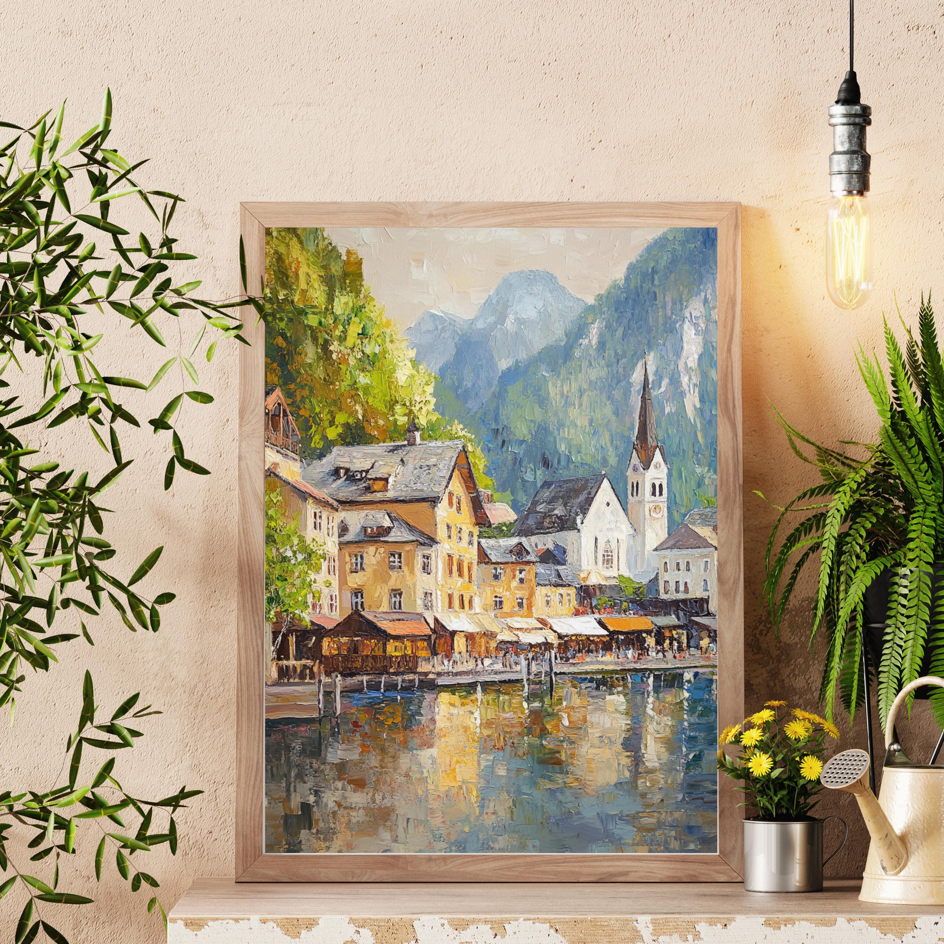Hallstatt Austria Wall Art – Beige Palette Knife Oil Painting – European Village Lake Print