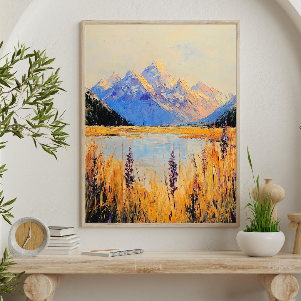 Aoraki Mount Cook New Zealand – Beige Palette Knife Oil Painting – Textured Mountain Landscape Print