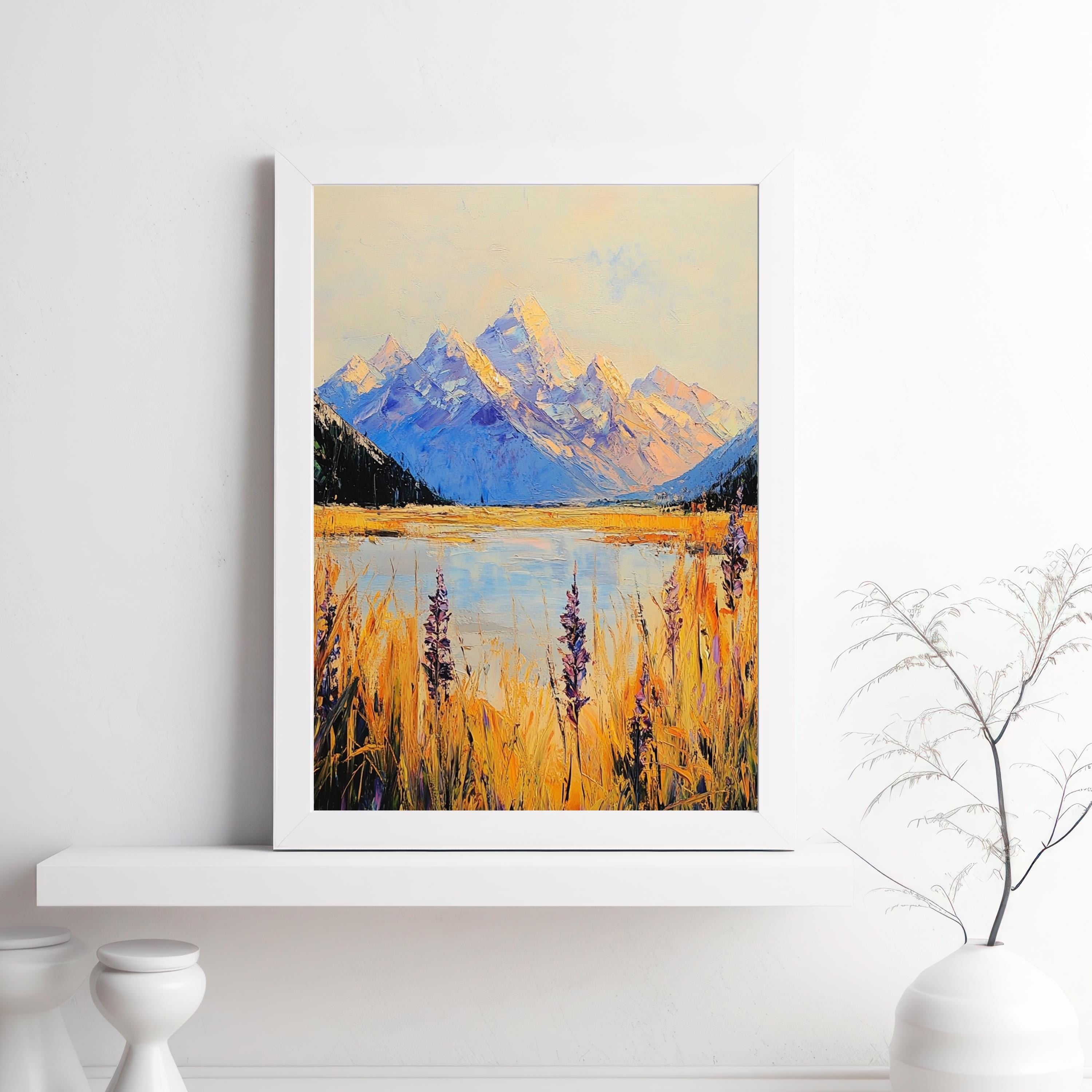Aoraki Mount Cook New Zealand – Beige Palette Knife Oil Painting – Textured Mountain Landscape Print