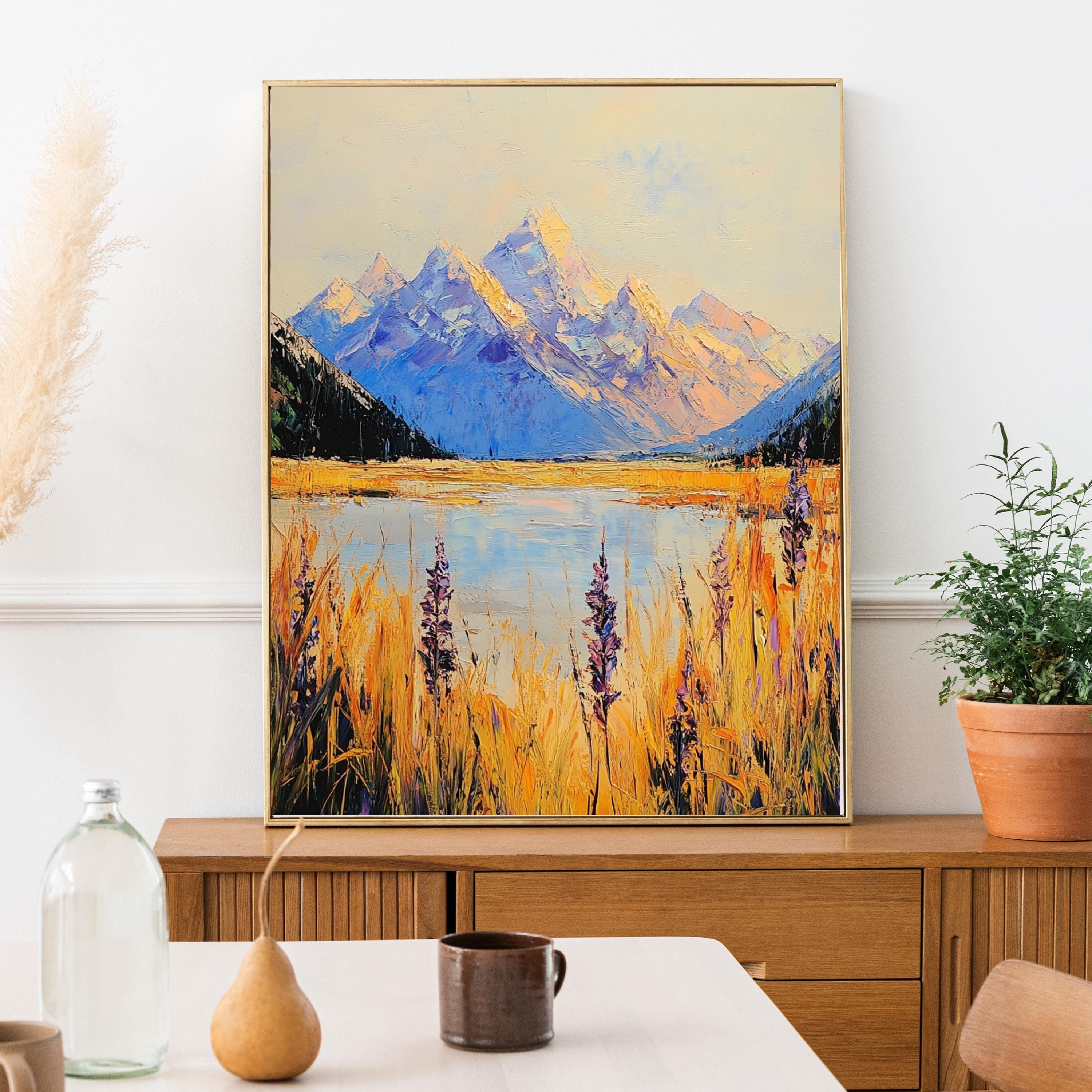 Aoraki Mount Cook New Zealand – Beige Palette Knife Oil Painting – Textured Mountain Landscape Print