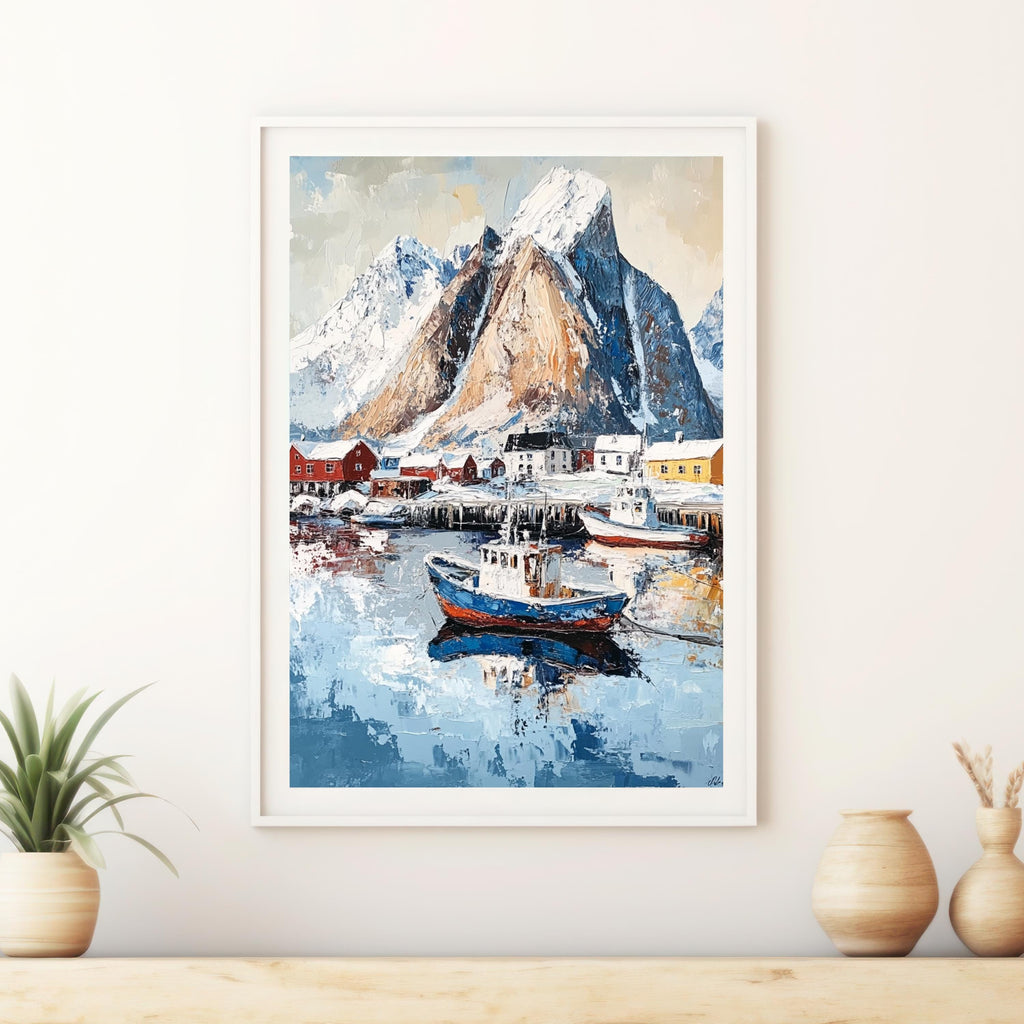 Lofoten Islands Norway Wall Art – Beige Palette Knife Oil Painting – Arctic Coastal Landscape Print