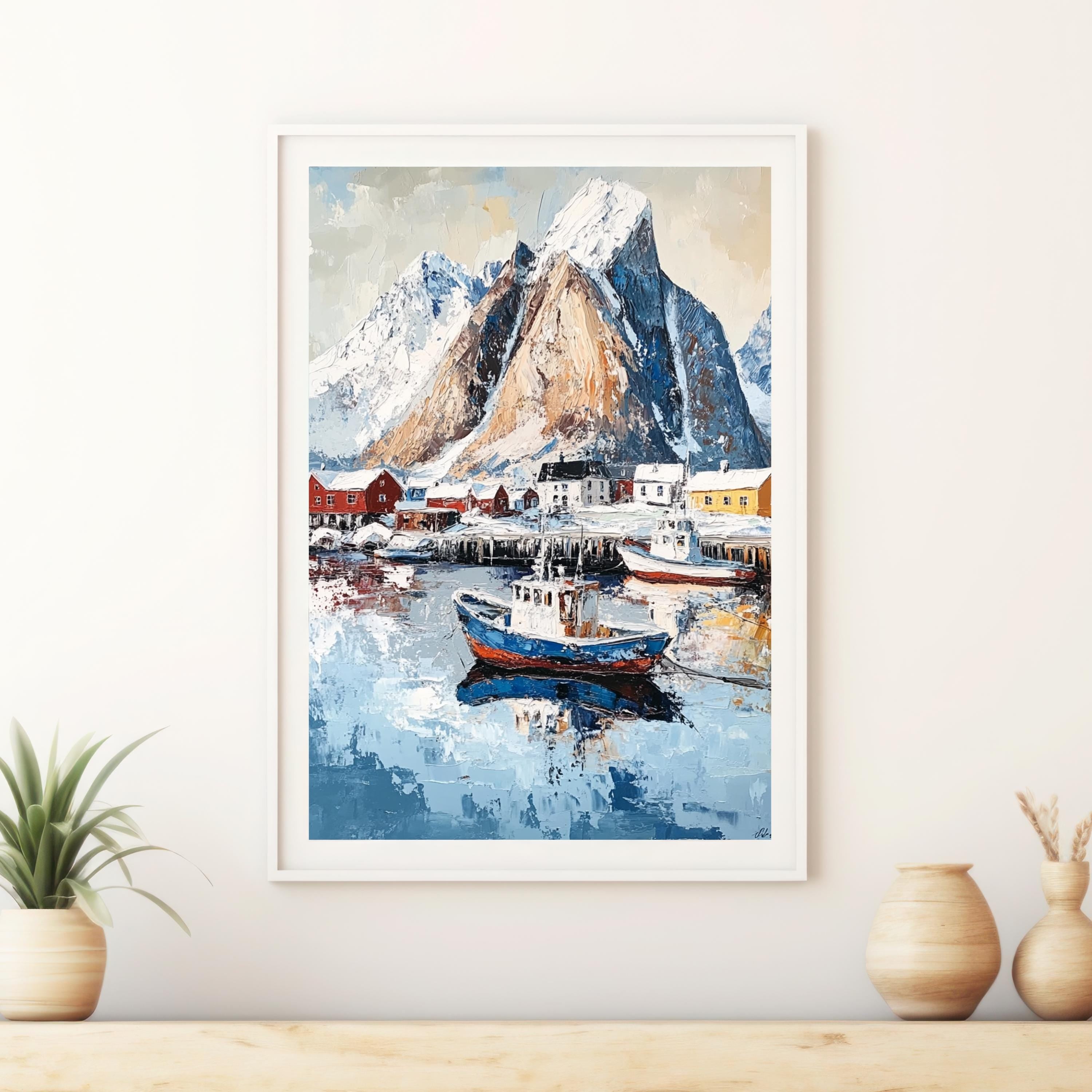 Lofoten Islands Norway Wall Art – Beige Palette Knife Oil Painting – Arctic Coastal Landscape Print
